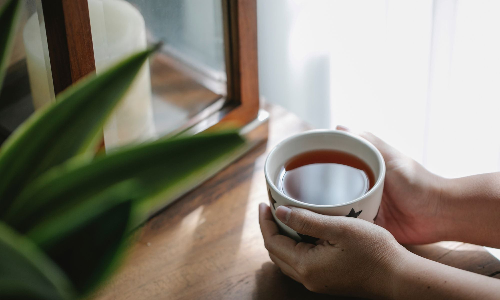 Hands holding a white tea cup with bright lighting