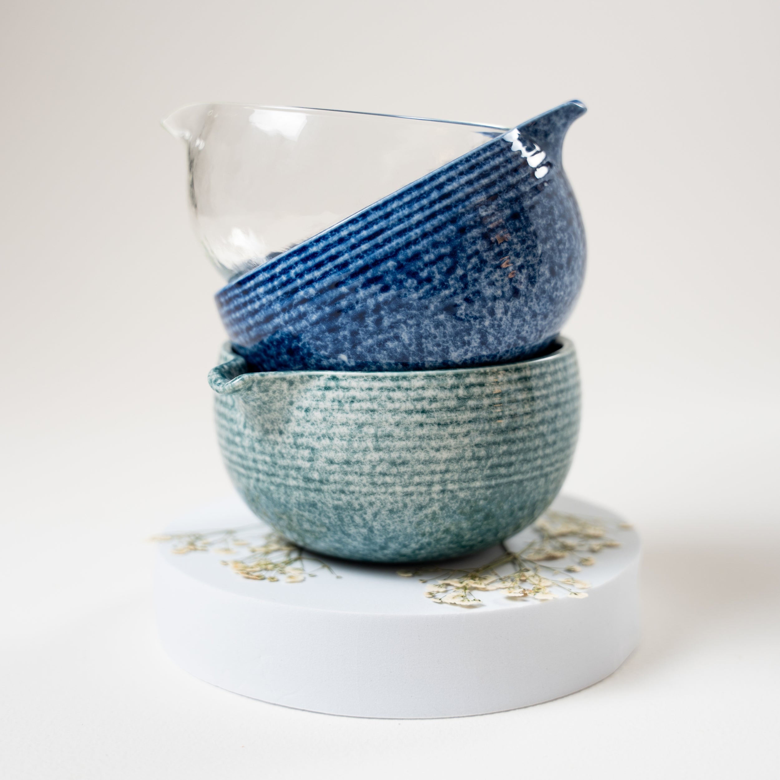 Matcha Bowl with Spout, Blue, Aqua, or Pebbled Glass