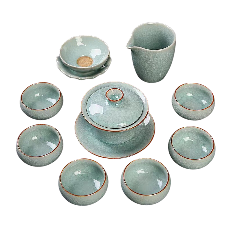 Gaiwan Tea Set, Ru Kiln Ice Blue Glaze, Brown Rim Detail