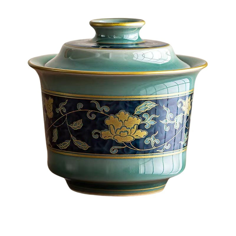 Gaiwan, Celadon Horseshoe, Turquoise & Blue Porcelain With Yellow Rose