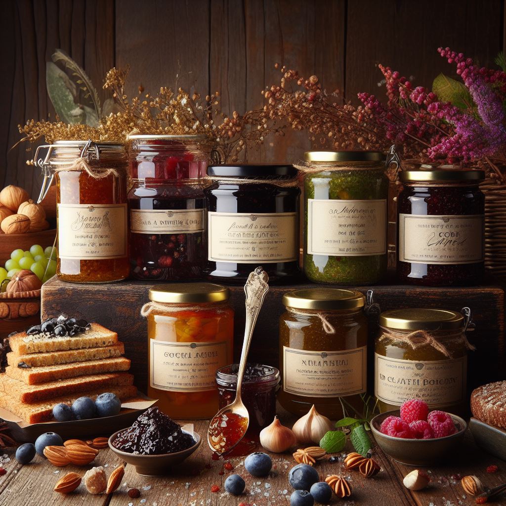 Assorted Jams and spreads with fruits around it