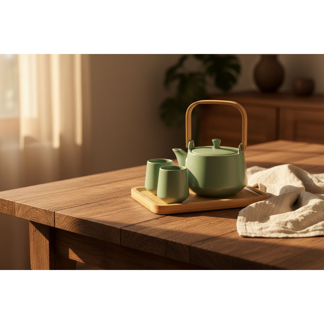 Matte Glazed Tea Set, 2 Cups + Tray