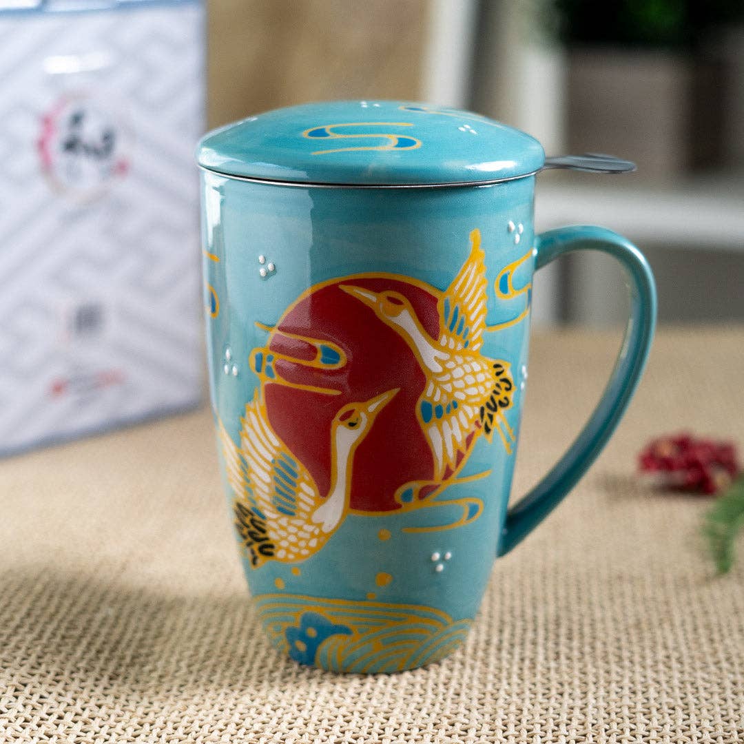 Japanese Crane Design 15oz Tea Mug, Lid, Infuser