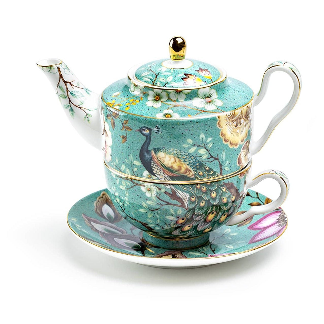 Decorative teapot with a lid, cup, and saucer on a white background