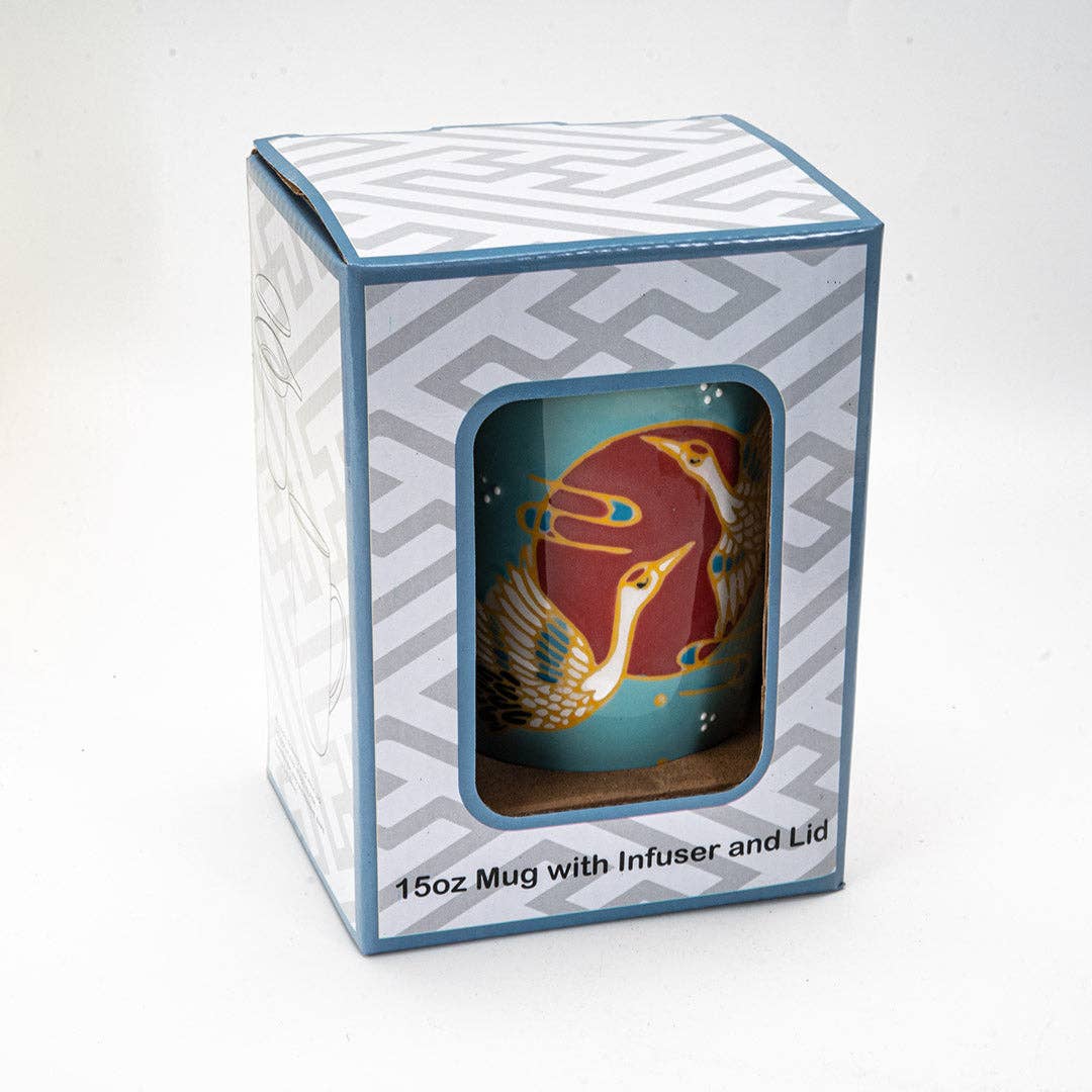 Japanese Crane Design 15oz Tea Mug, Lid, Infuser