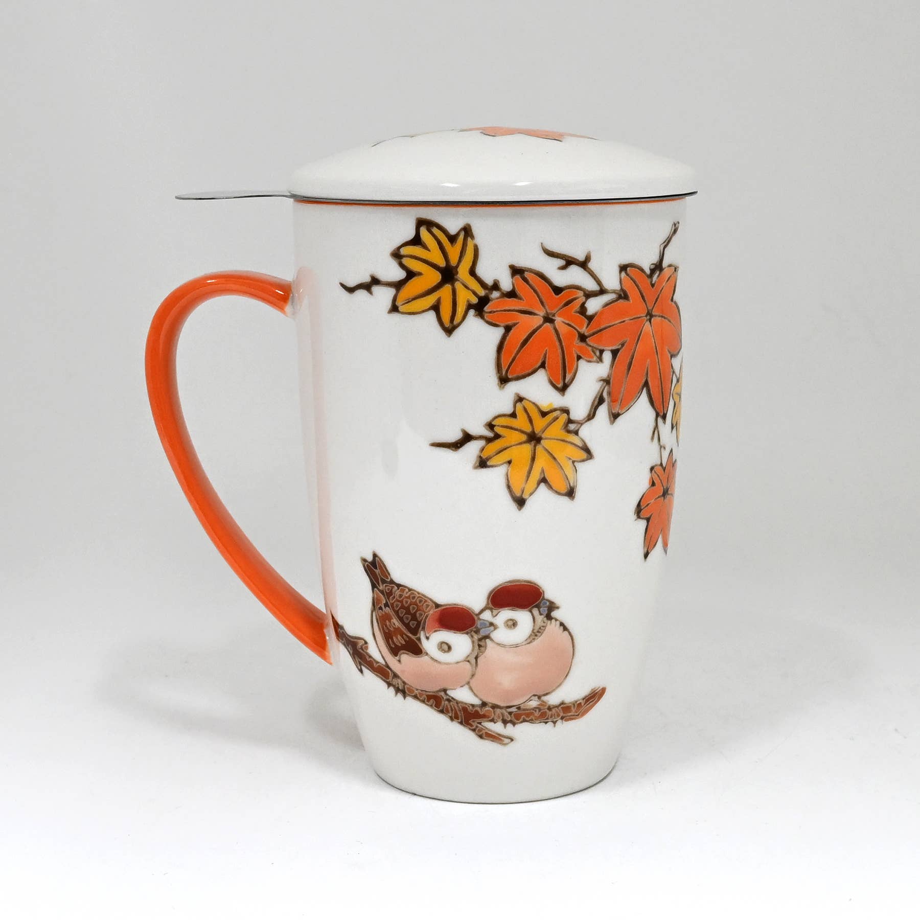 Twin Sparrows Maple Leaves Design 15oz Tea Mugs with Lid and Infuser
