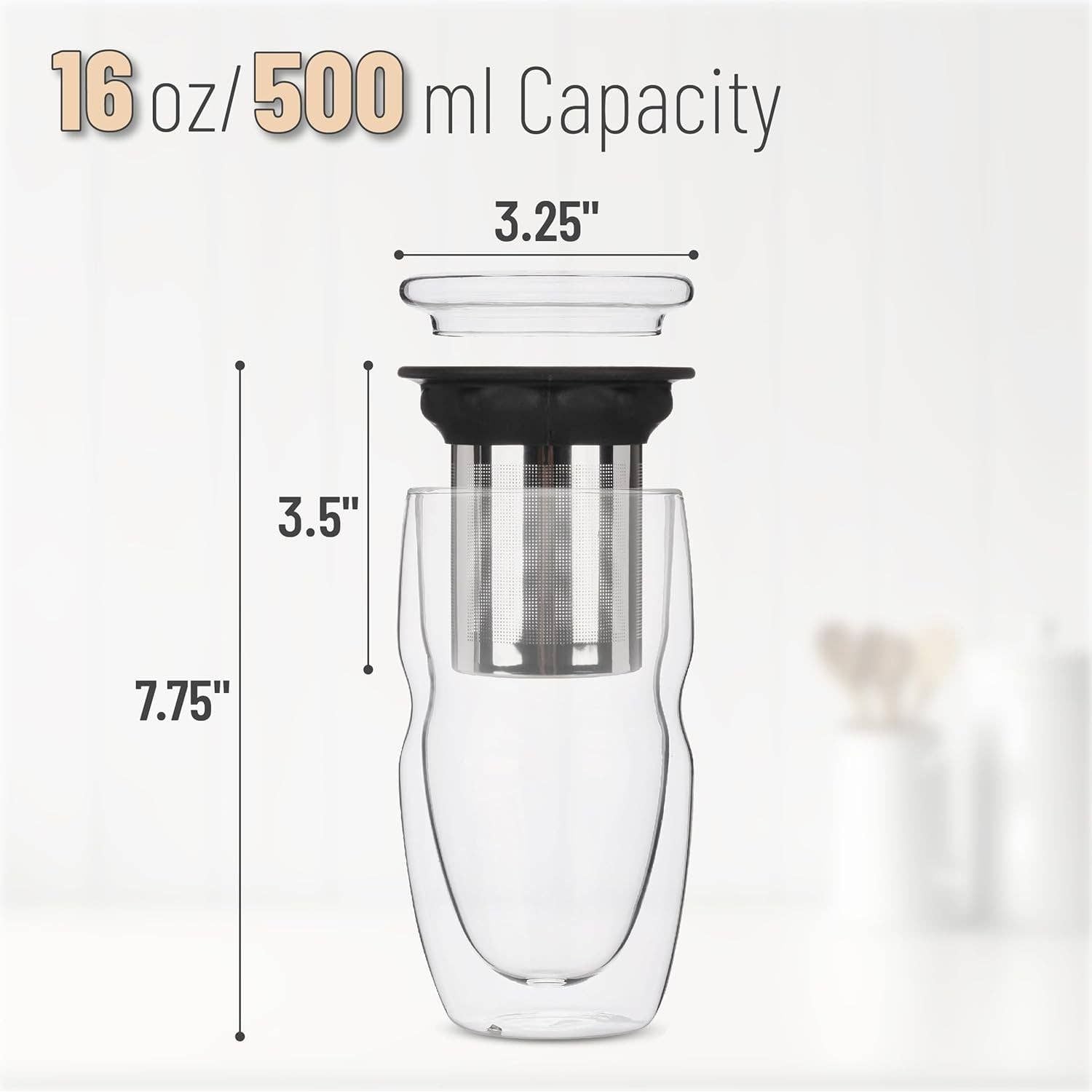 Double Wall Glass Tea Cups with Infuser, Set/2