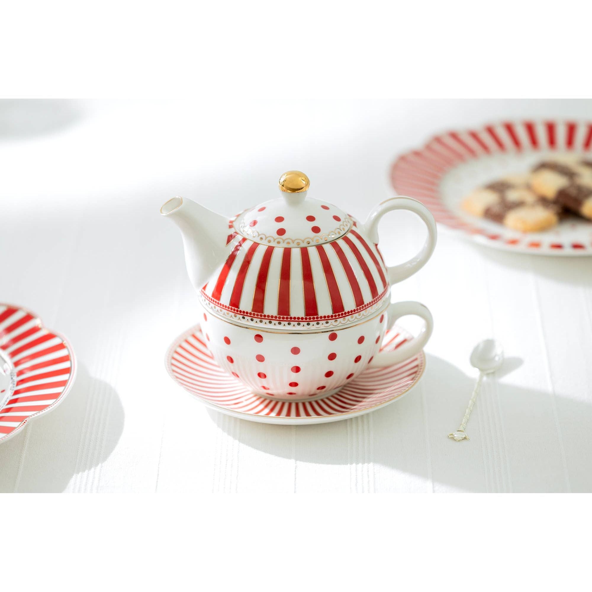 Red Stripes & Dots Tea For One Set