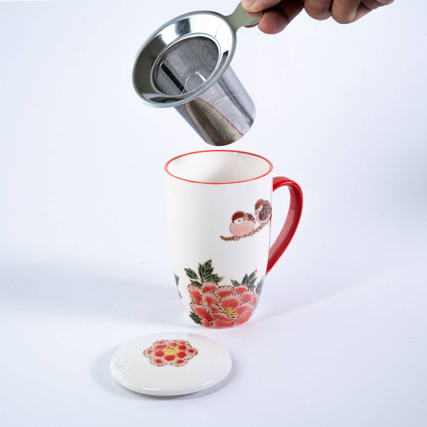 Twin Sparrows Botan Peony Design 15oz Tea Mugs with Lid and Infuser