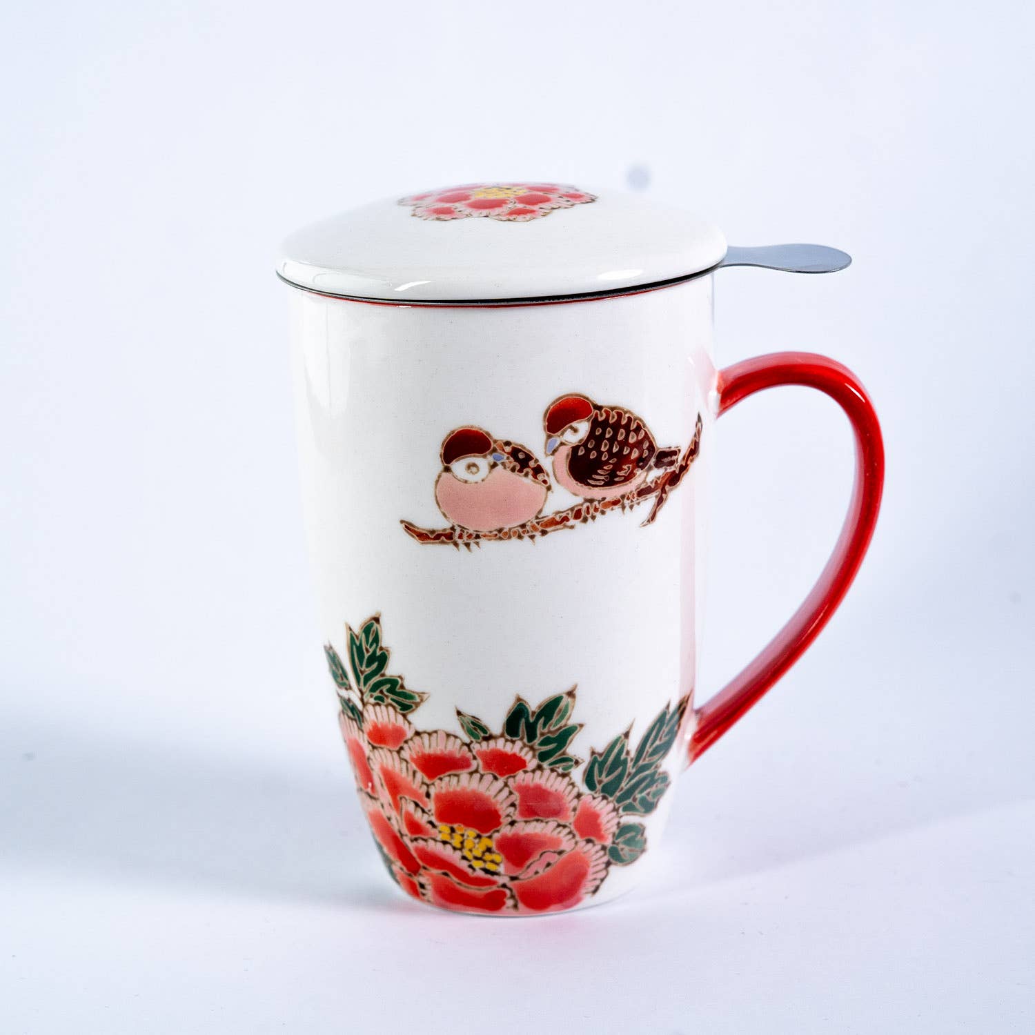 Twin Sparrows Botan Peony Design 15oz Tea Mugs with Lid and Infuser
