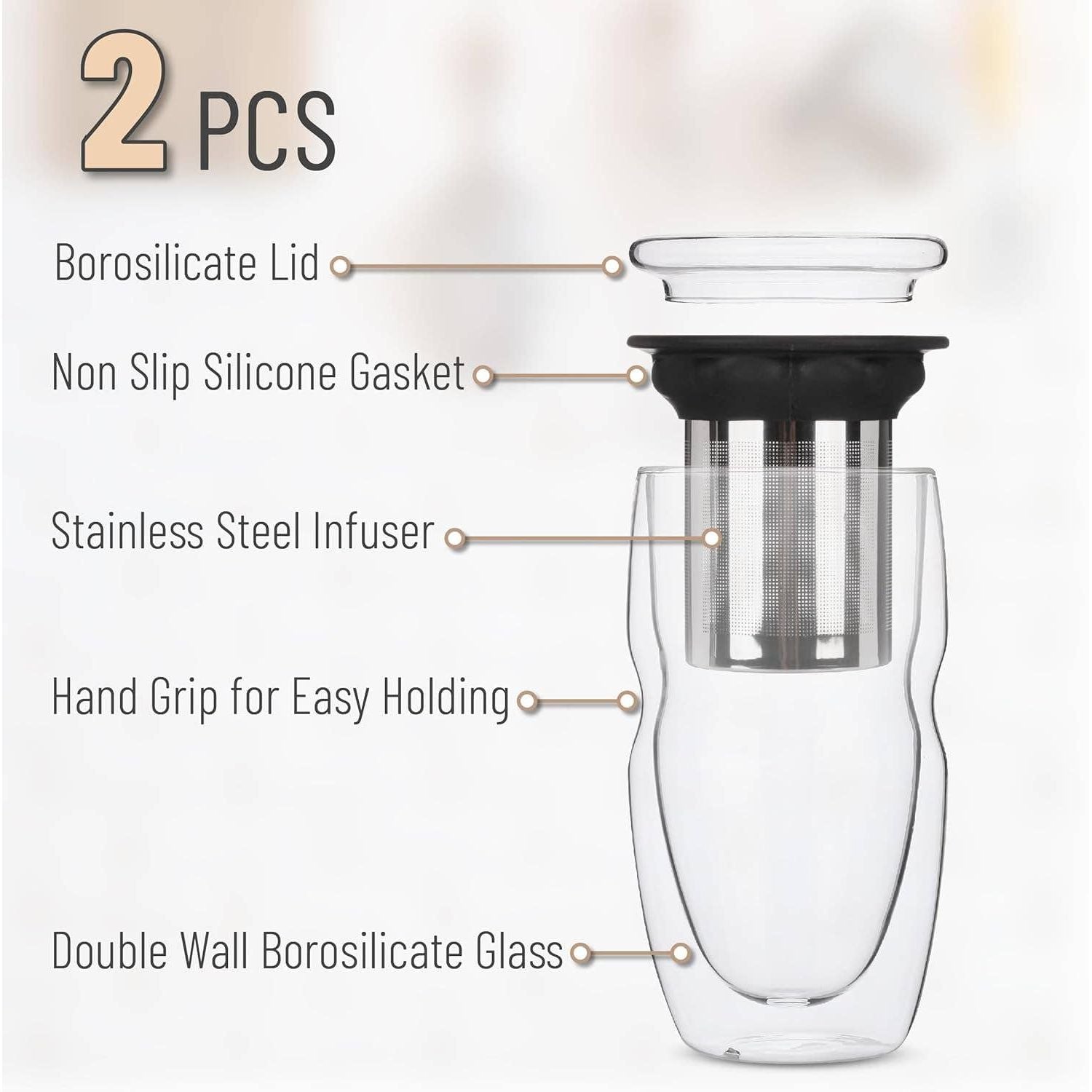 Double Wall Glass Tea Cups with Infuser, Set/2
