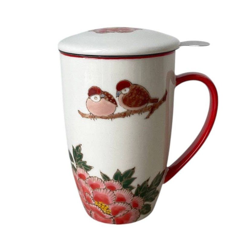 Twin Sparrows Botan Peony Design 15oz Tea Mugs with Lid and Infuser