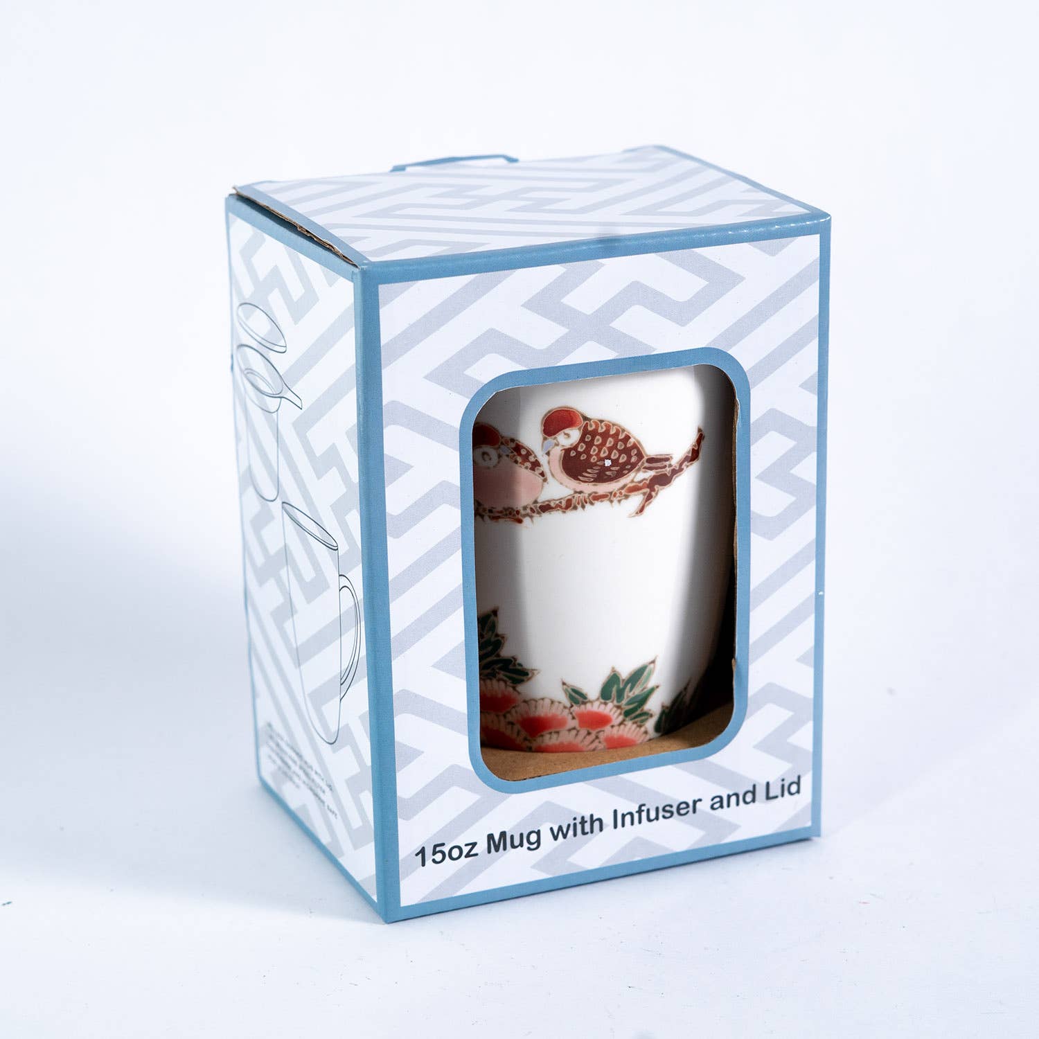 Twin Sparrows Botan Peony Design 15oz Tea Mugs with Lid and Infuser