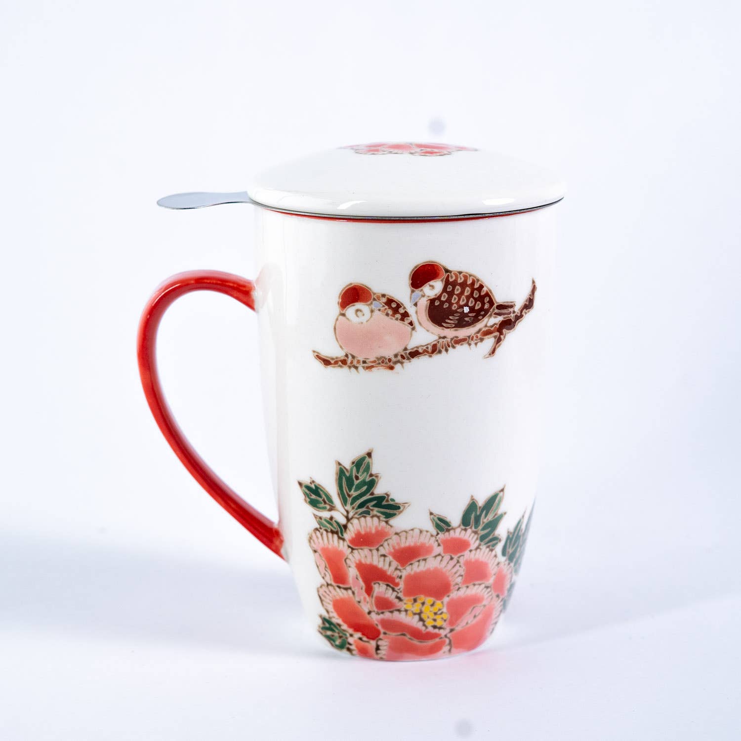 Twin Sparrows Botan Peony Design 15oz Tea Mugs with Lid and Infuser