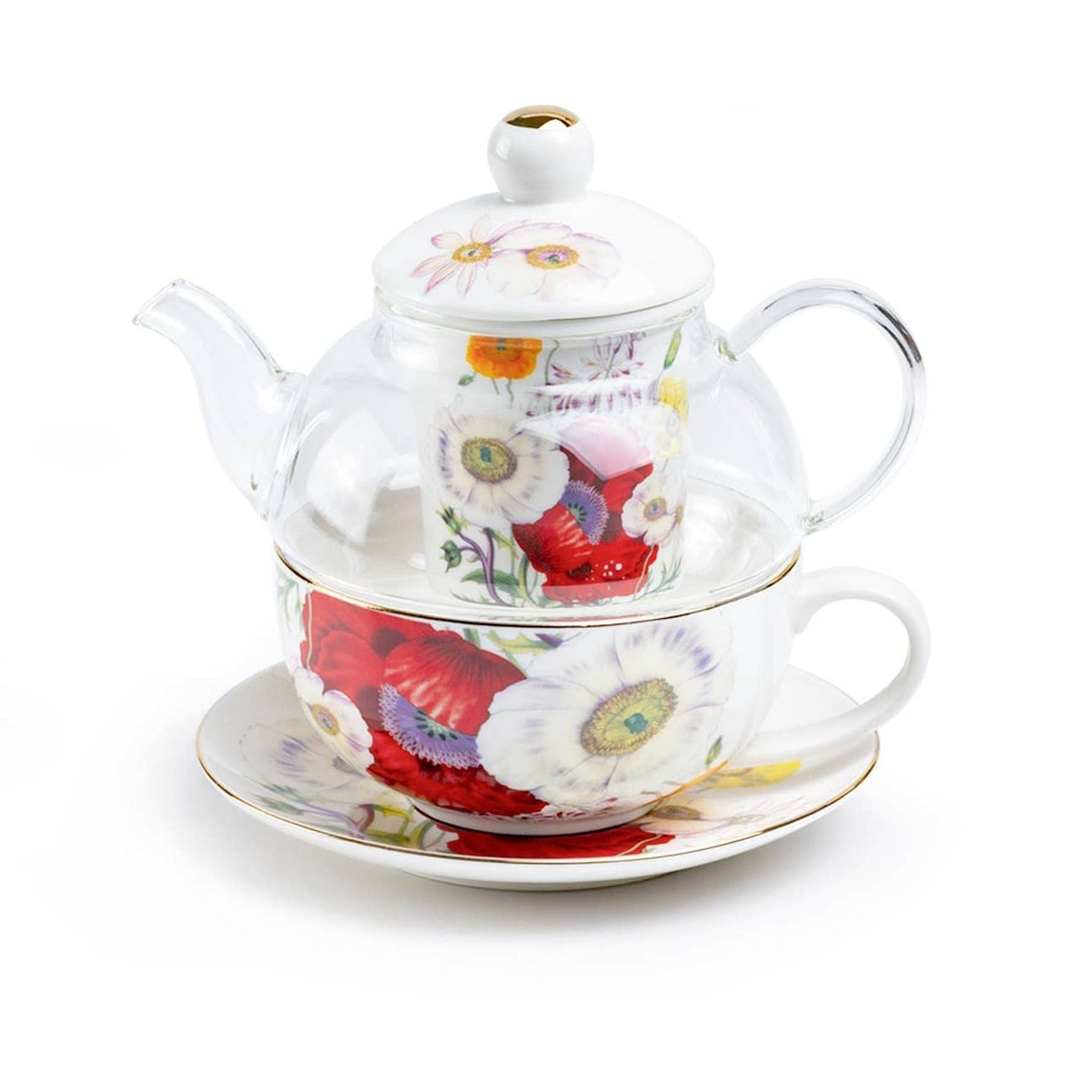 Tea set with floral design on a white background