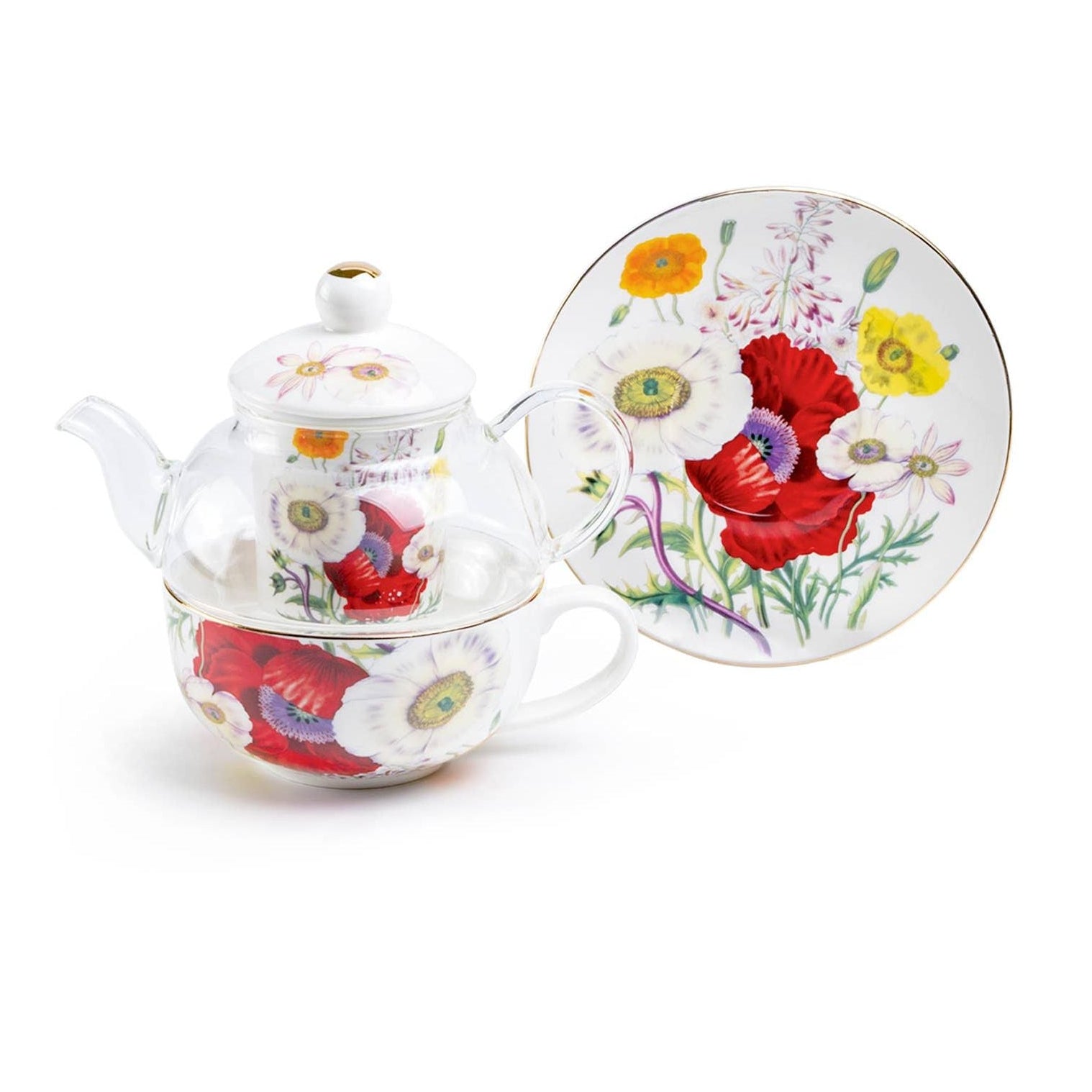 Tea set with floral design on a white background