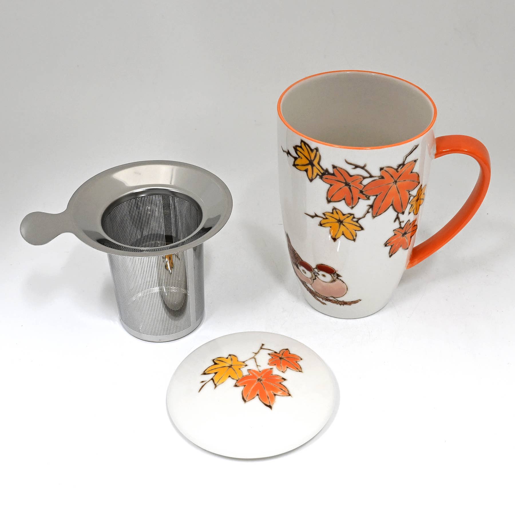 Twin Sparrows Maple Leaves Design 15oz Tea Mugs with Lid and Infuser