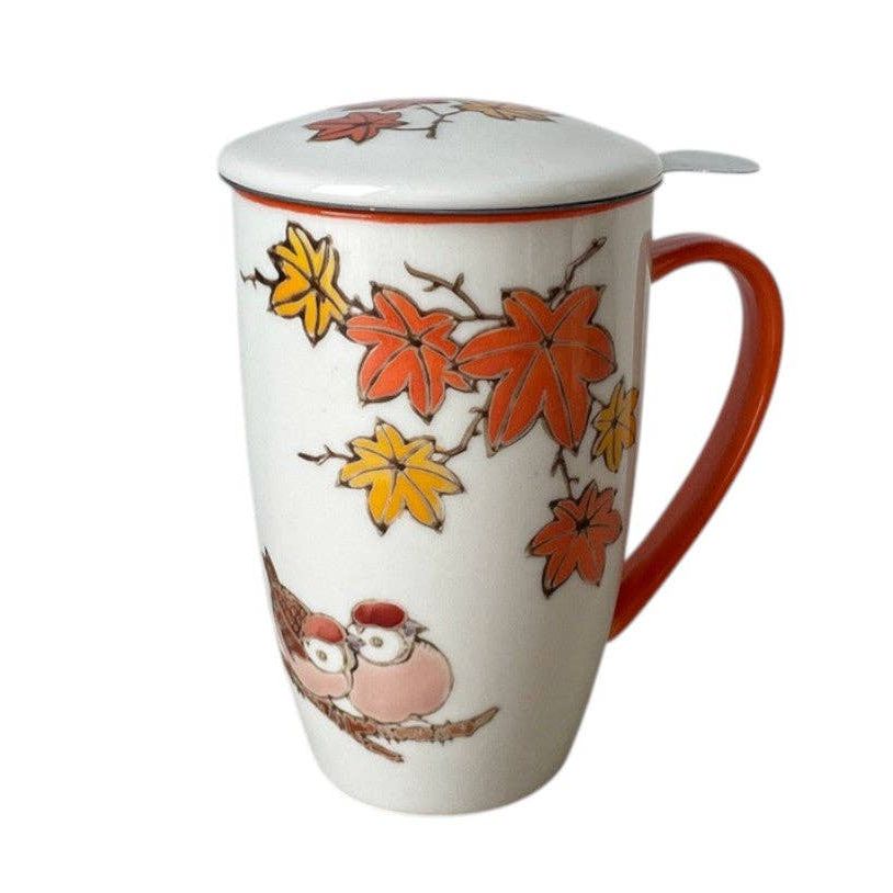 Twin Sparrows Maple Leaves Design 15oz Tea Mugs with Lid and Infuser