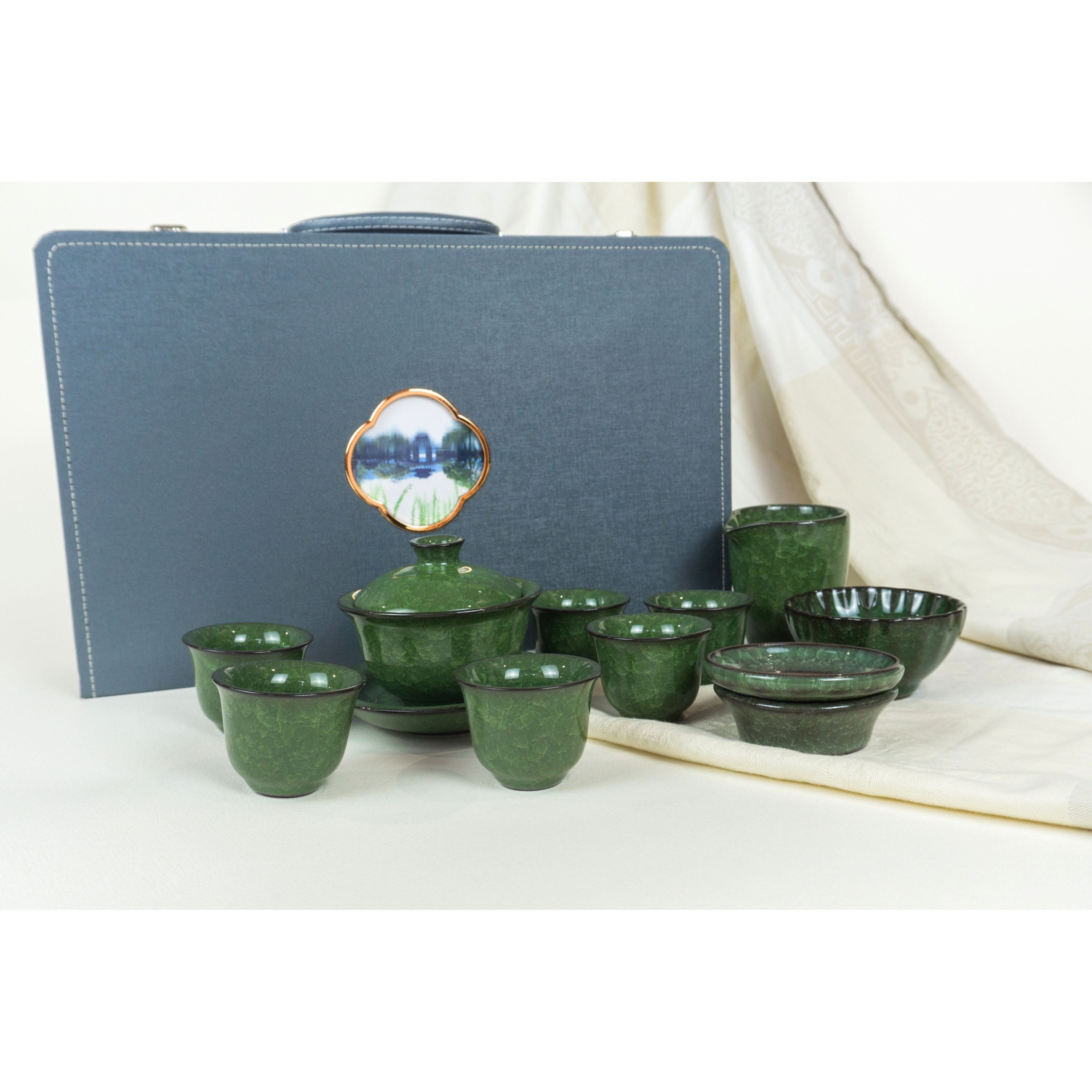 Tea Ceremony Set, Green Ice Glaze Porcelain, Carrying Case
