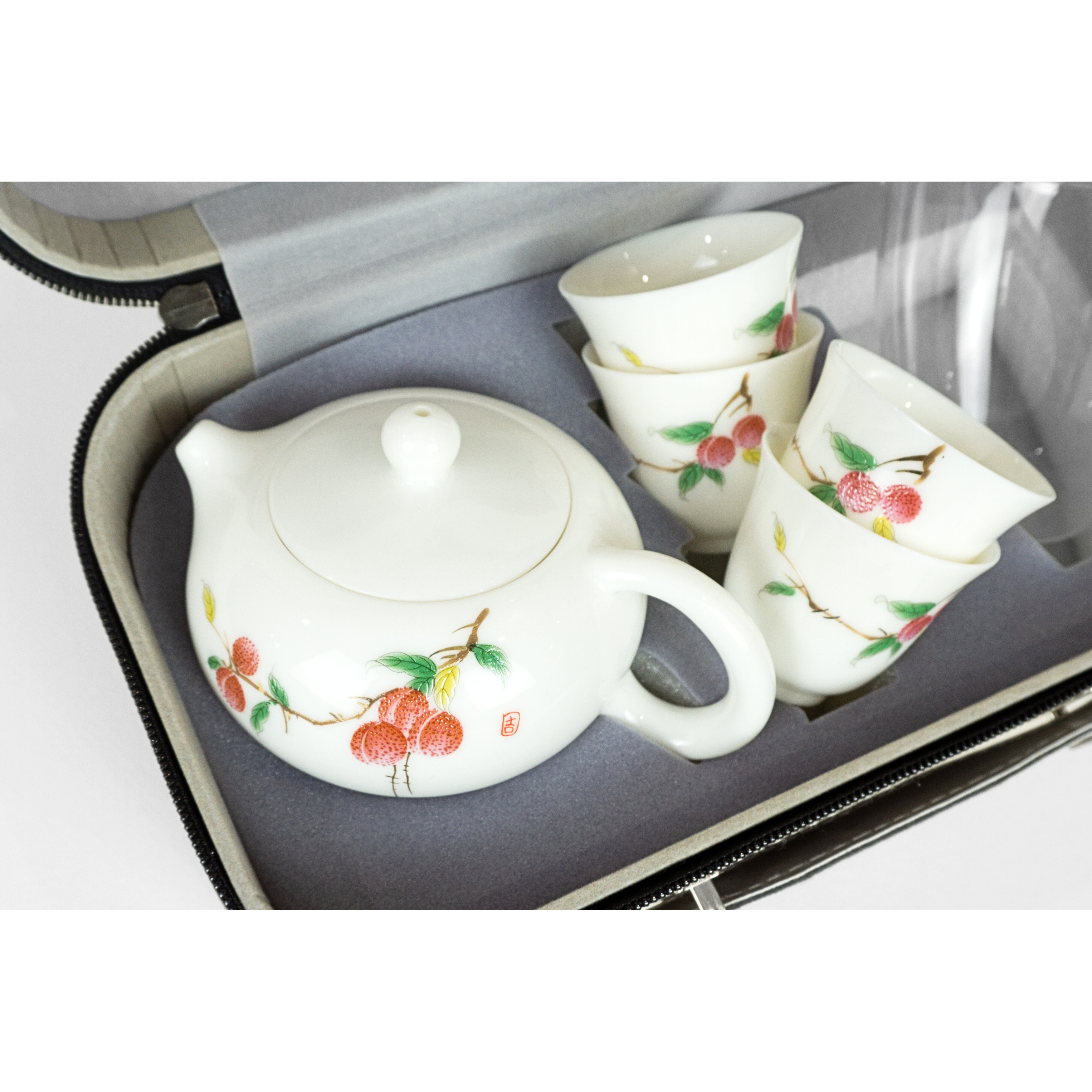 Juego de ceremonia del té, porcelana, diseño de lichi, estuche de transporte