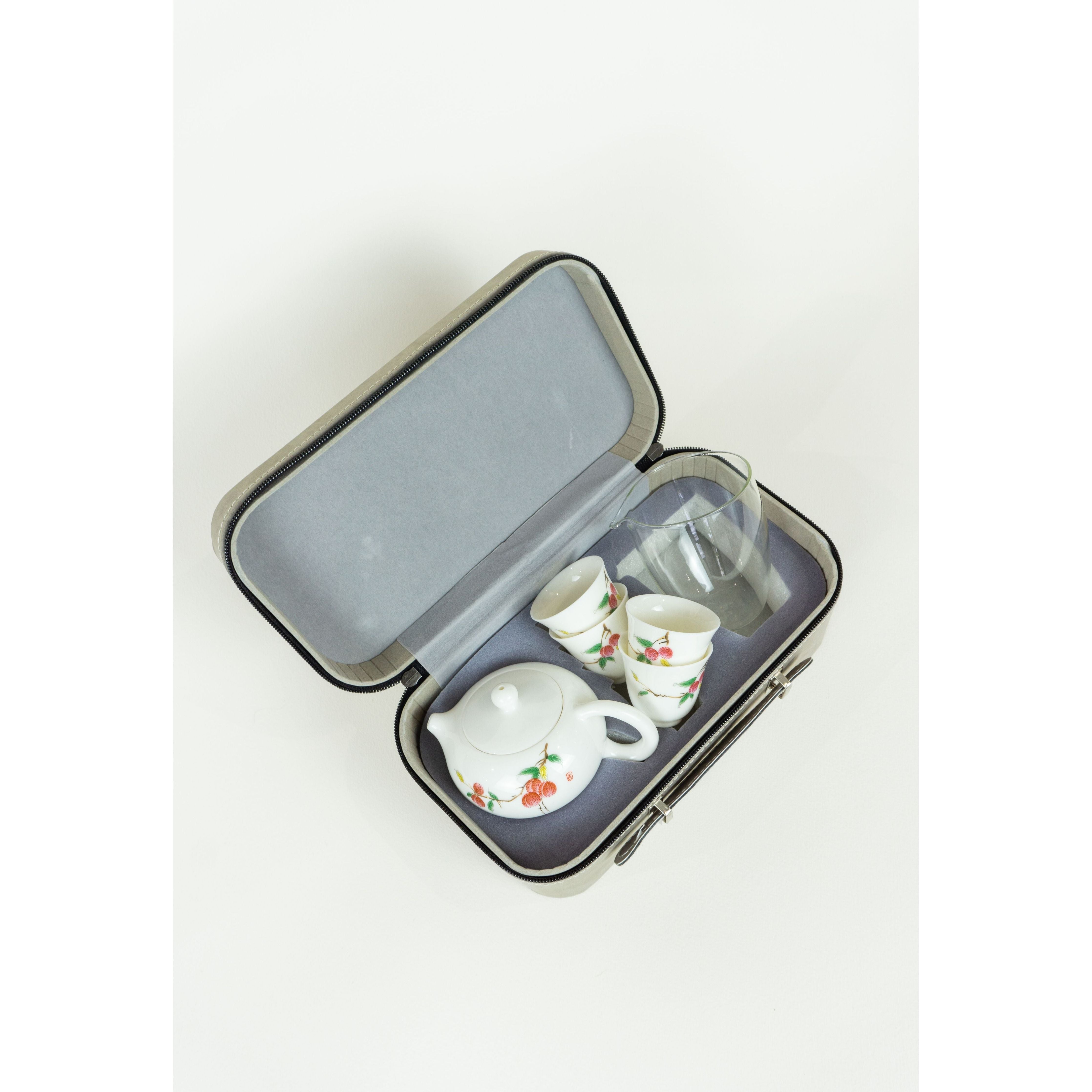 Juego de ceremonia del té, porcelana, diseño de lichi, estuche de transporte