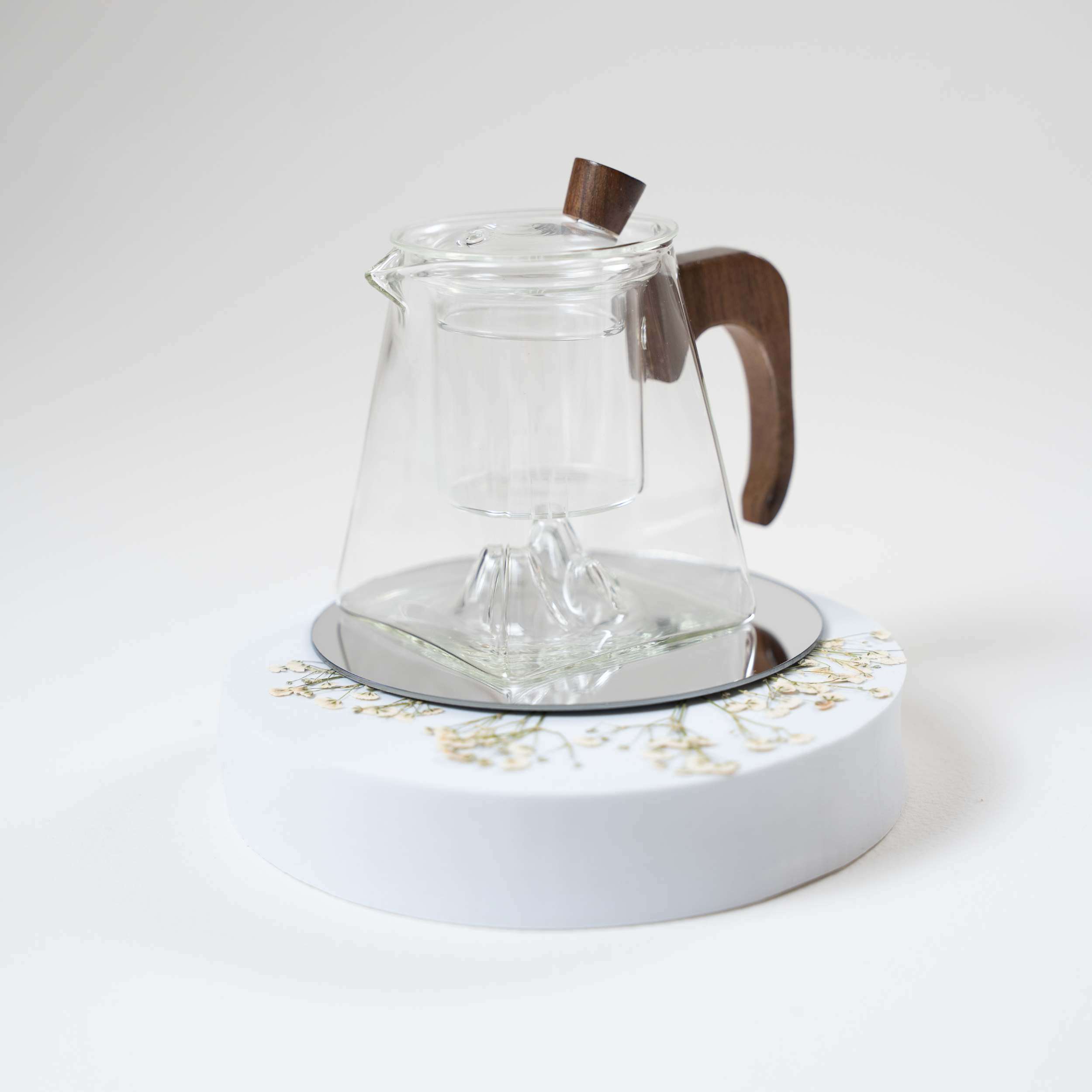 Teapot, Glass, Tianyuan Mountain Interior w. Wood Handle