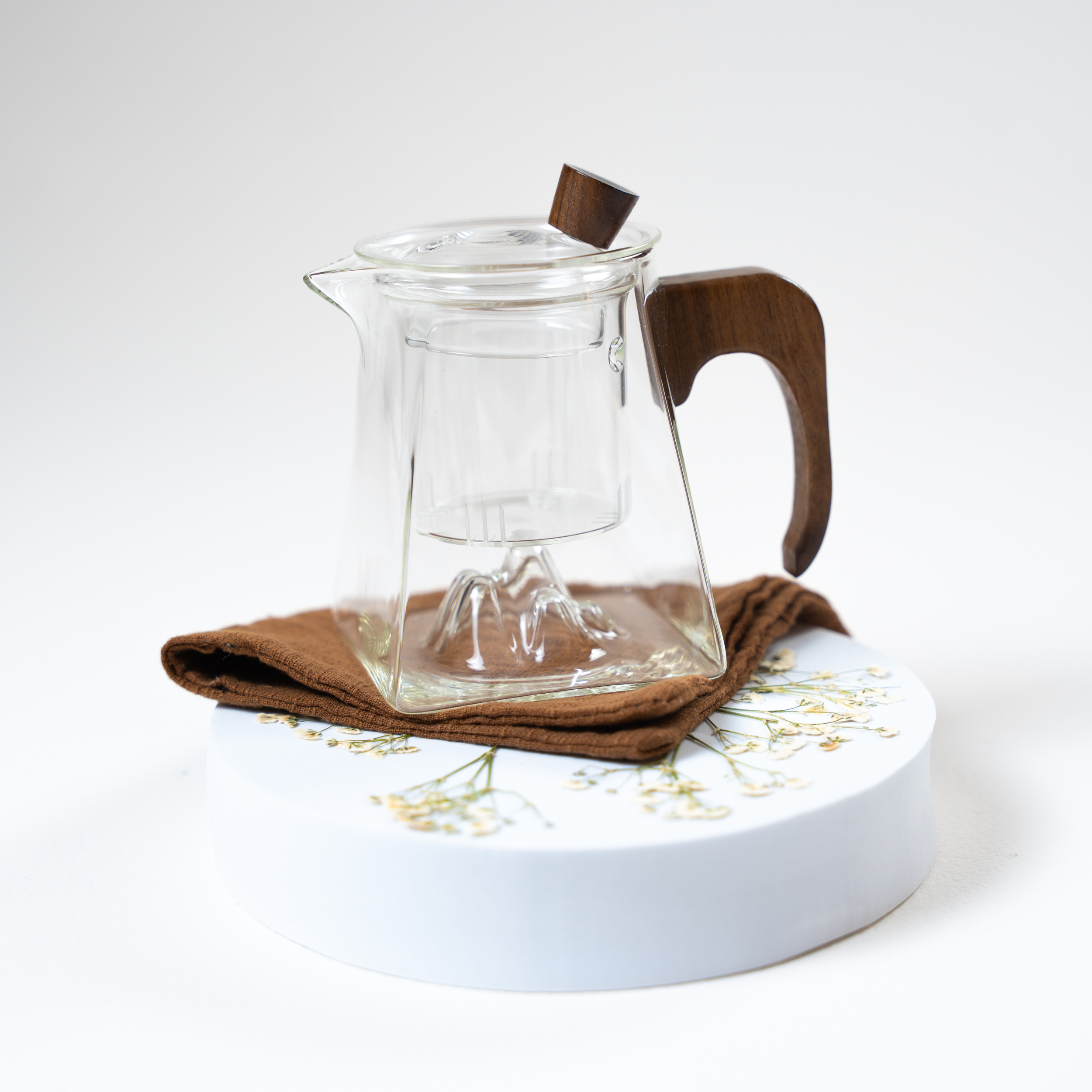 Teapot, Glass, Tianyuan Mountain Interior w. Wood Handle