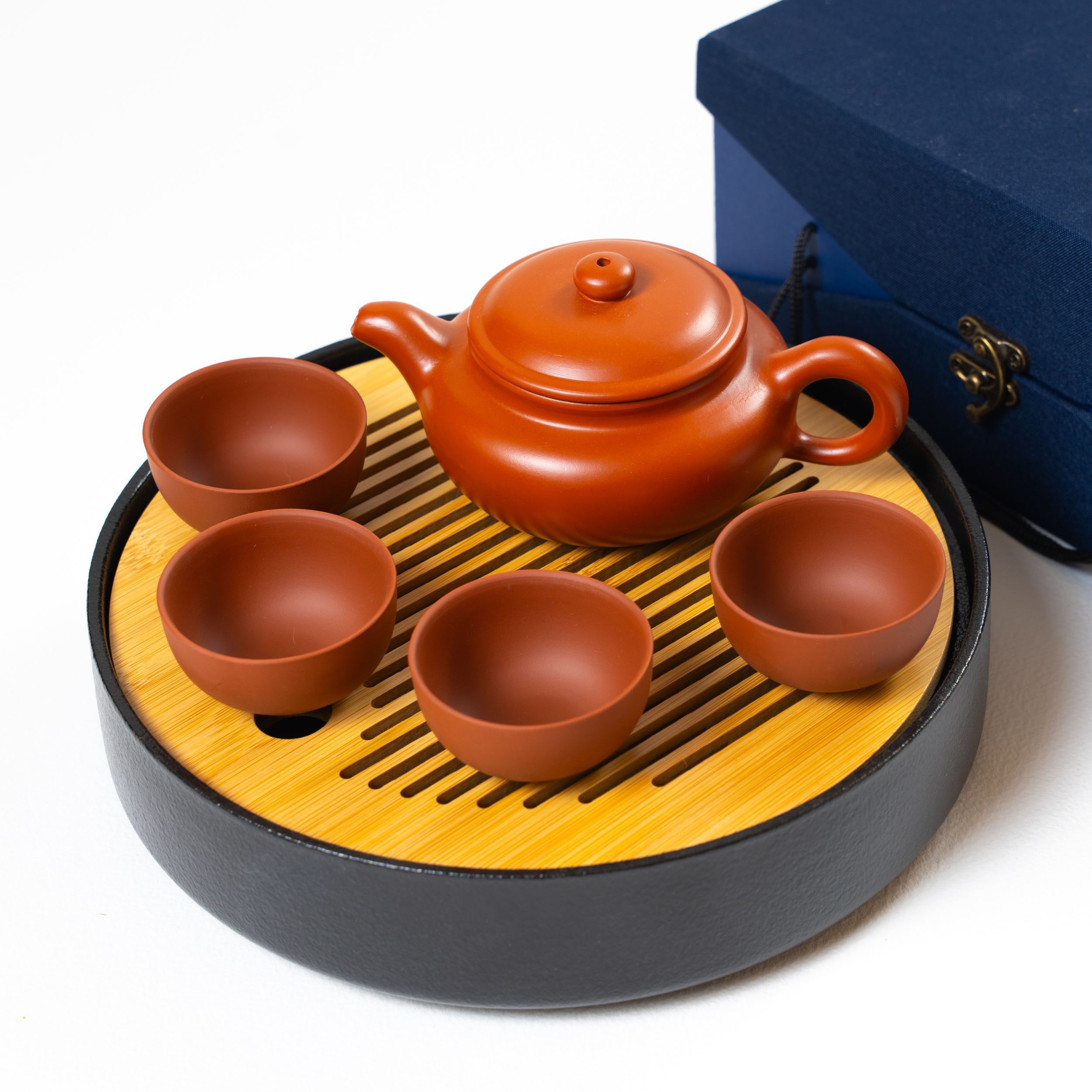 Juego de ceremonia del té, Yixing marrón rojizo, tapa plana