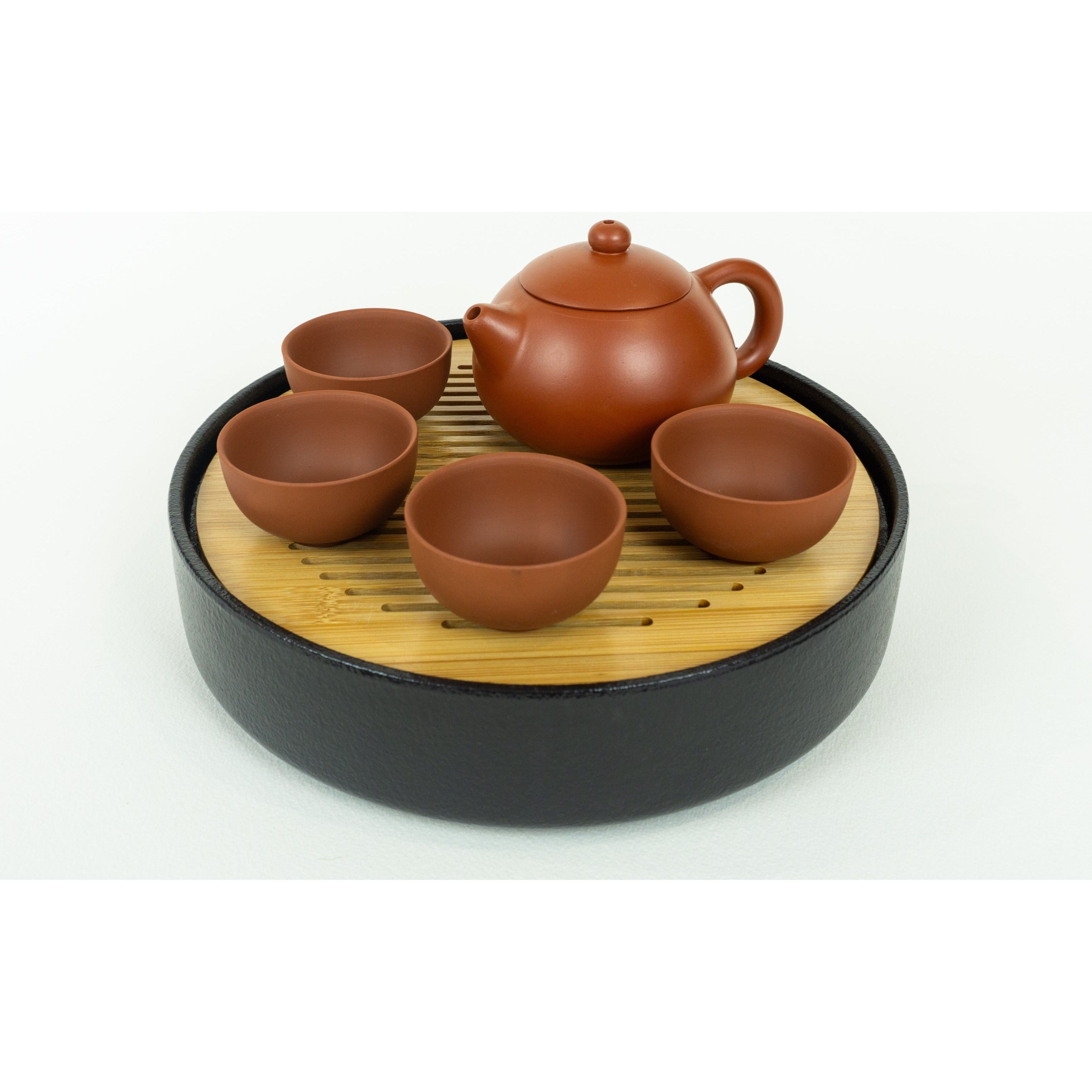 Tea Ceremony Set, Yixing Reddish Brown Domed Teapot Lid, 4 Cups