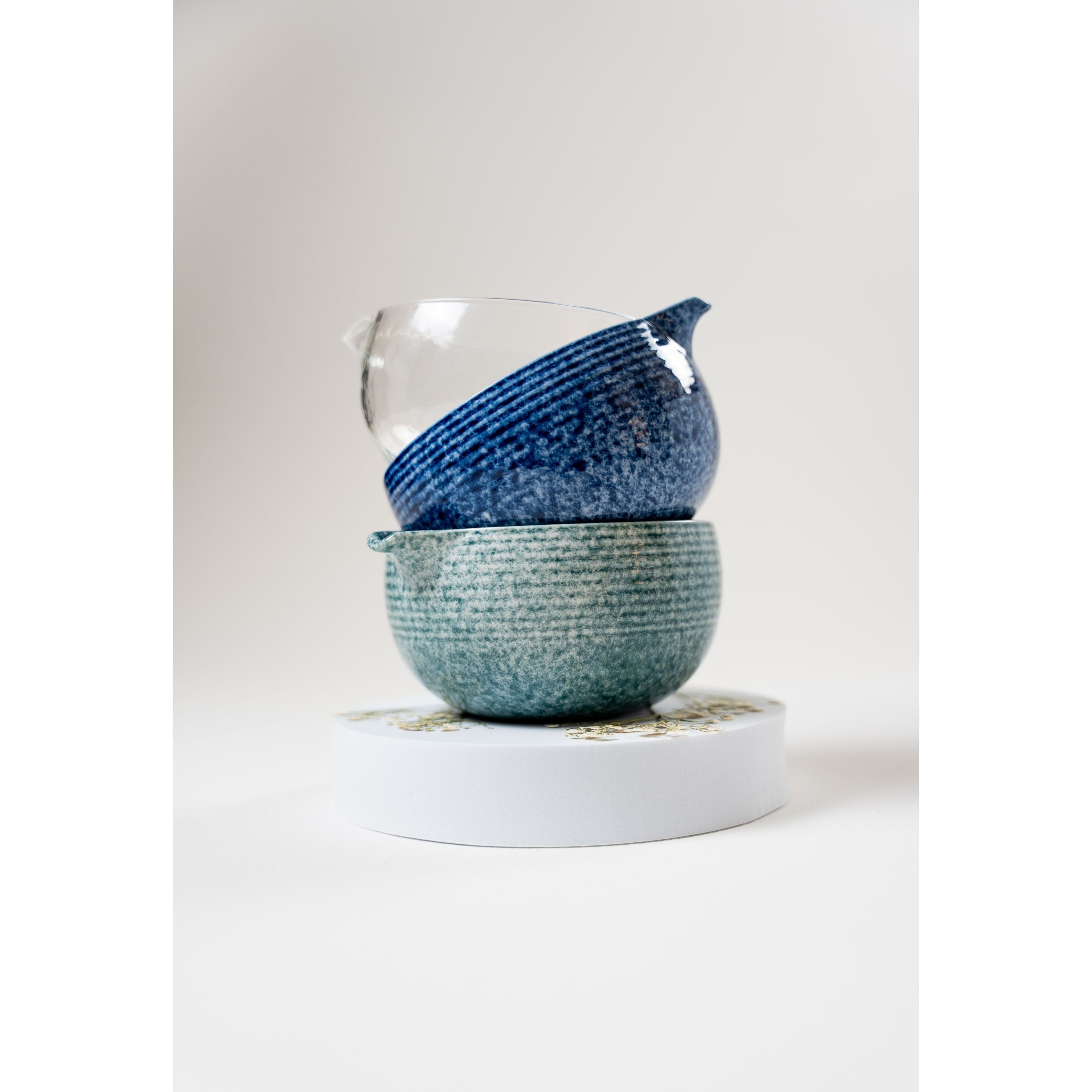 Colored Bowl with Spout, Blue, Aqua, or Pebbled Glass