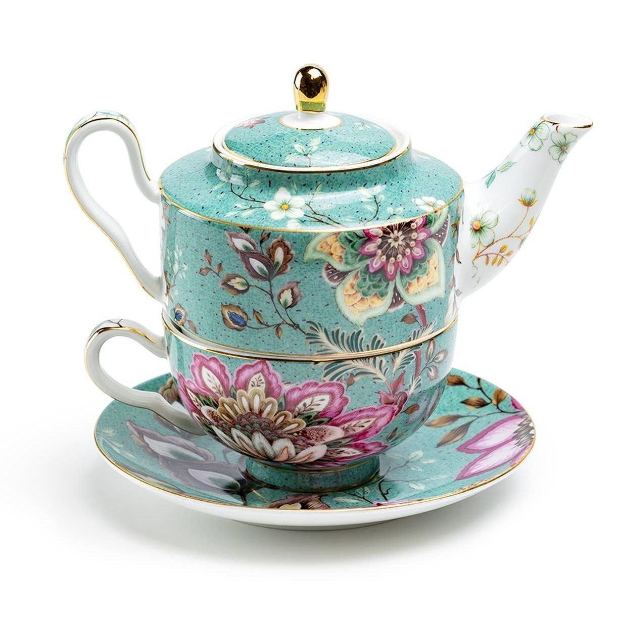 Tea set with floral design on a white background