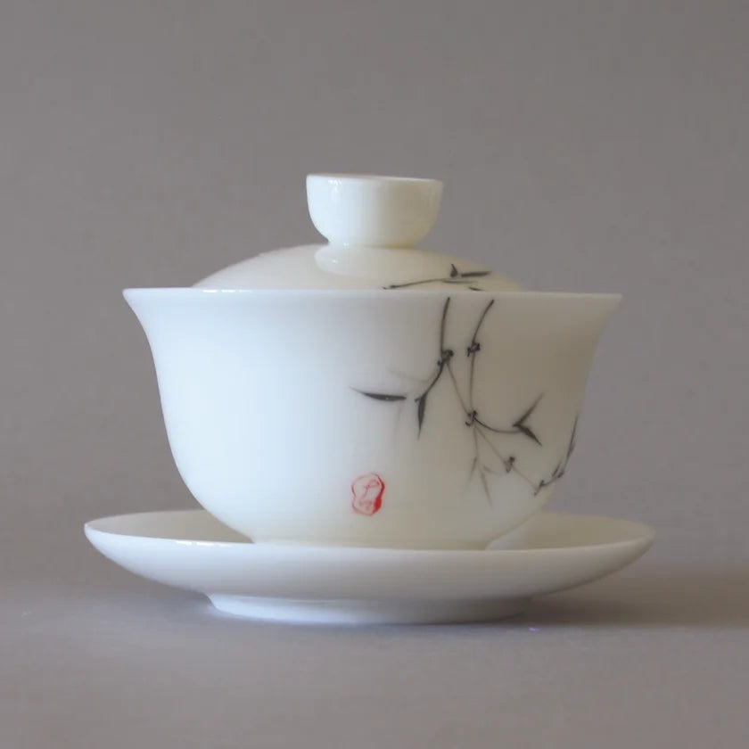 Gaiwan, White, Hand-Painted Bamboo
