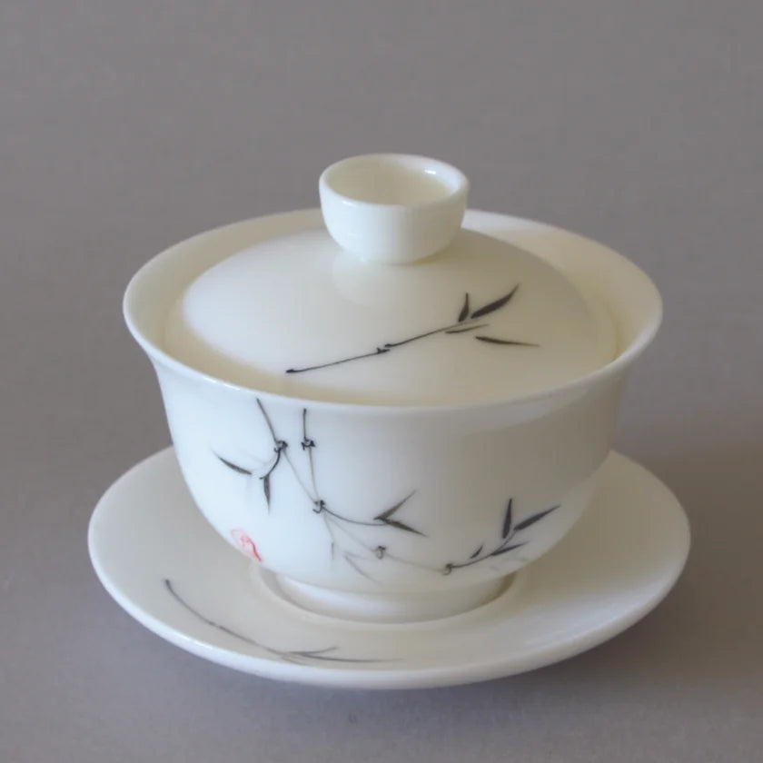 Gaiwan, White, Hand-Painted Bamboo