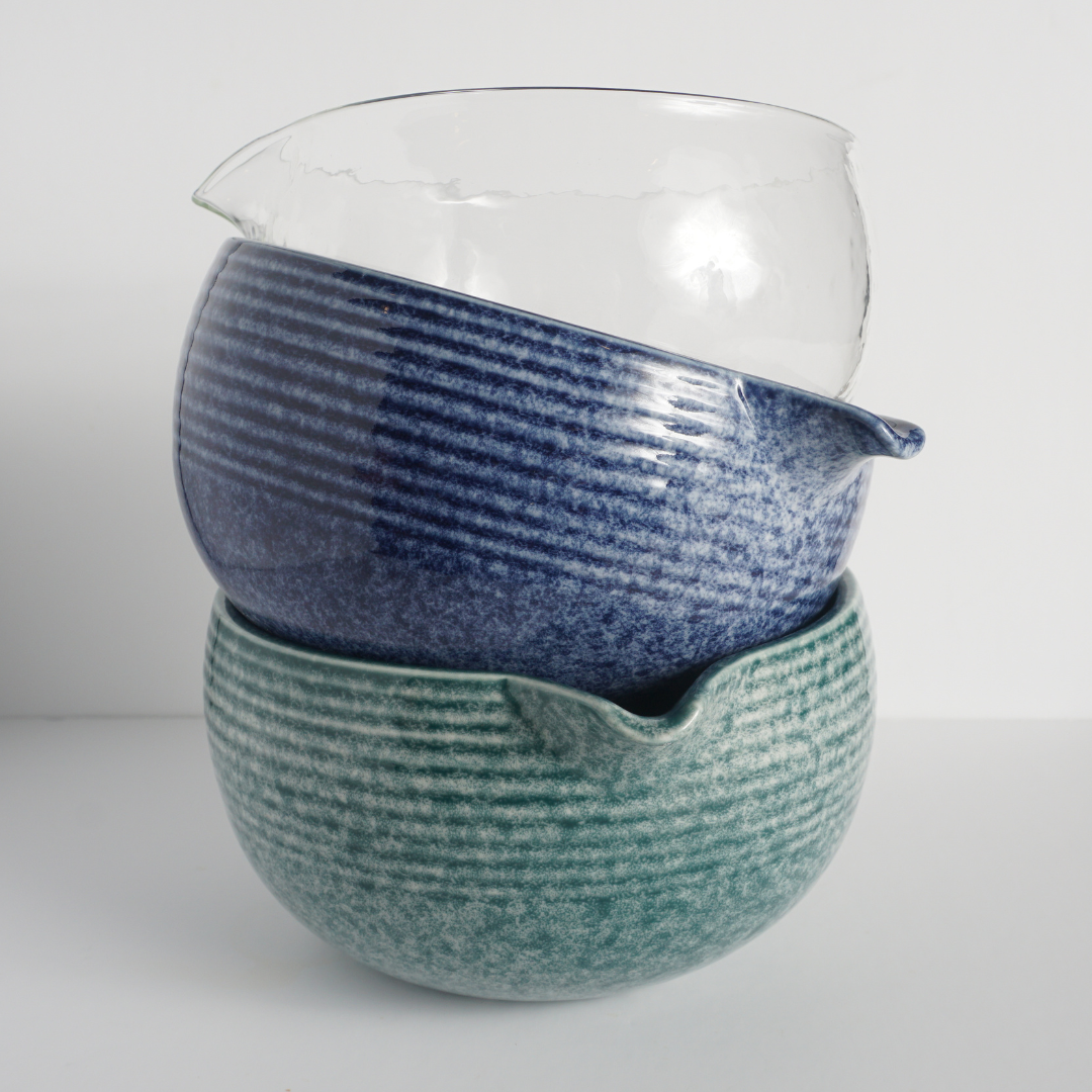 Colored Bowl with Spout, Blue, Aqua, or Pebbled Glass