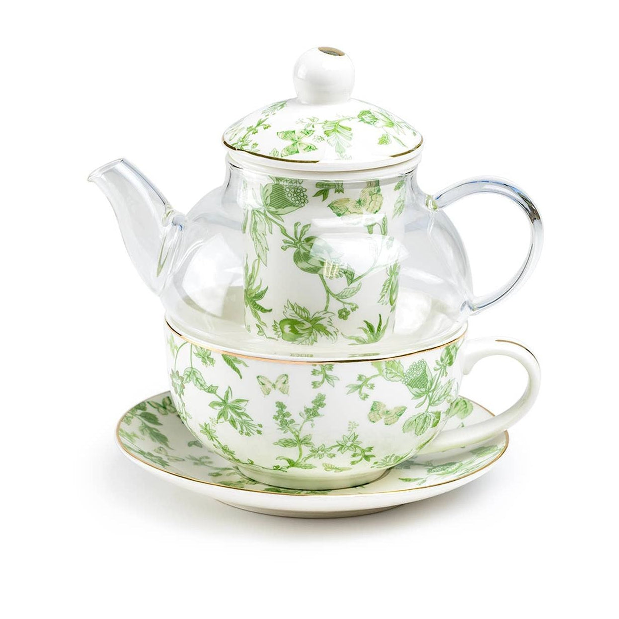 Tea set with a teapot, cup, and saucer featuring green floral patterns on a white background.