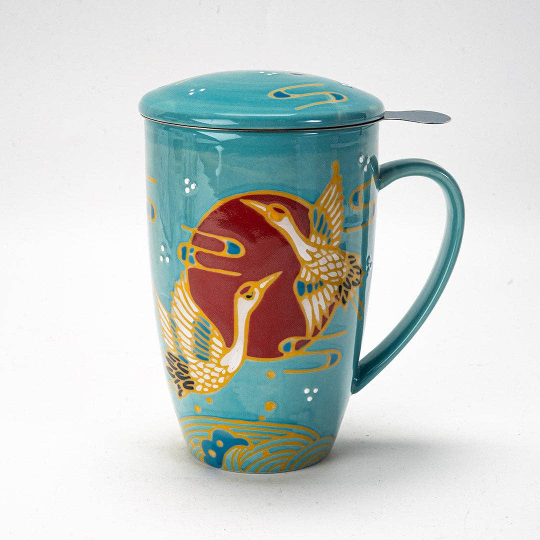 Japanese Crane Design 15oz Tea Mug, Lid, Infuser