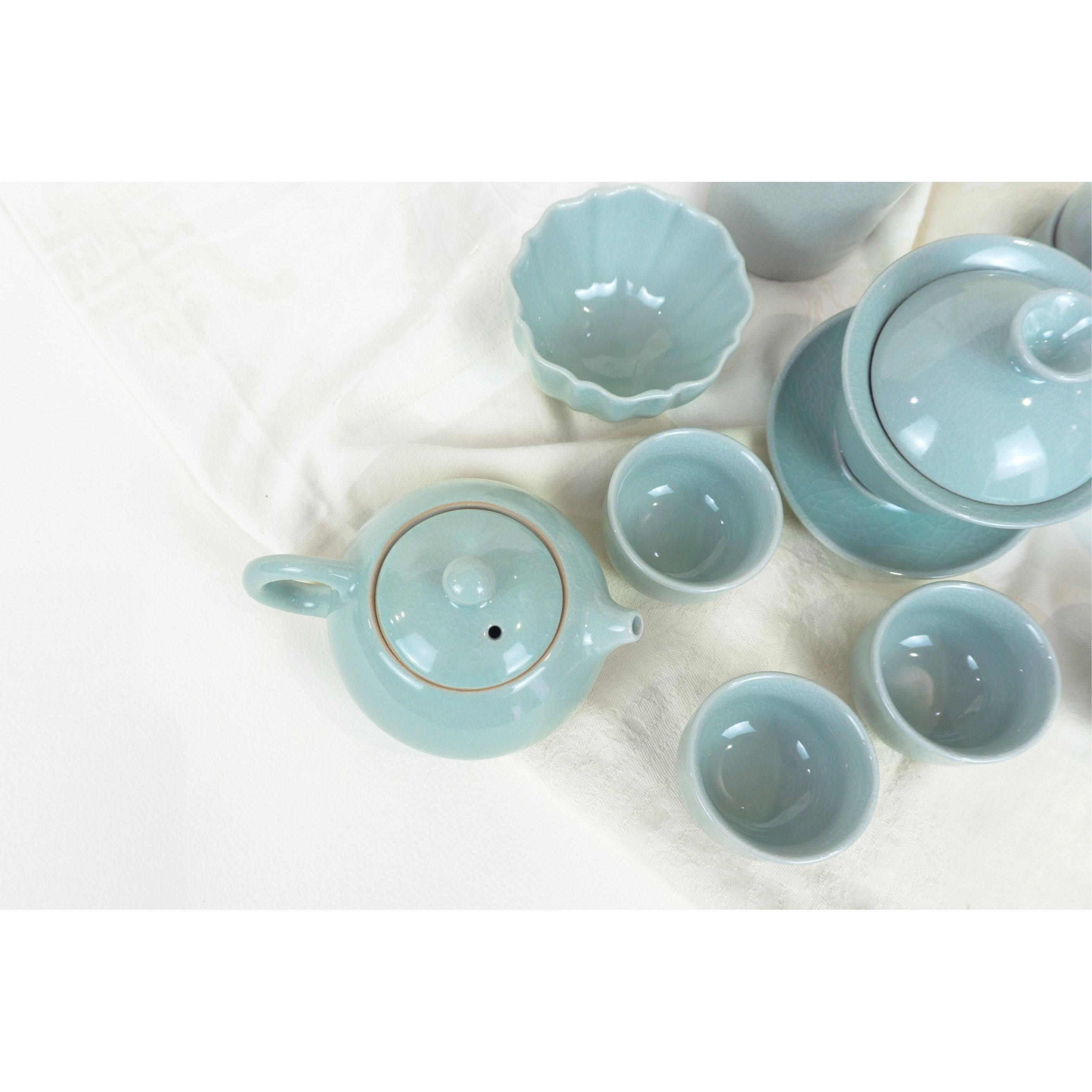 Tea Ceremony Set, Ru Kiln Lt. Blue Porcelain, Brown Carrying Case