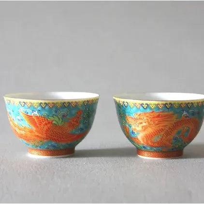 Taza de té, juego de 2/peces dorados pintados a mano
