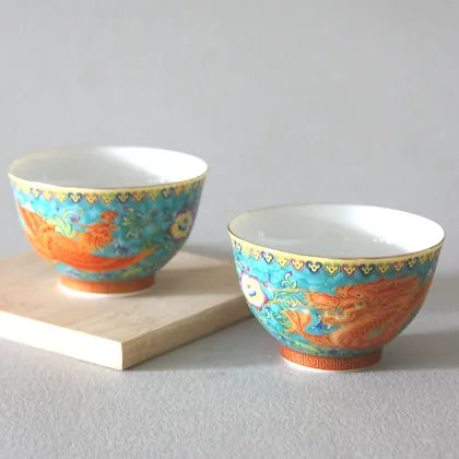Taza de té, juego de 2/peces dorados pintados a mano