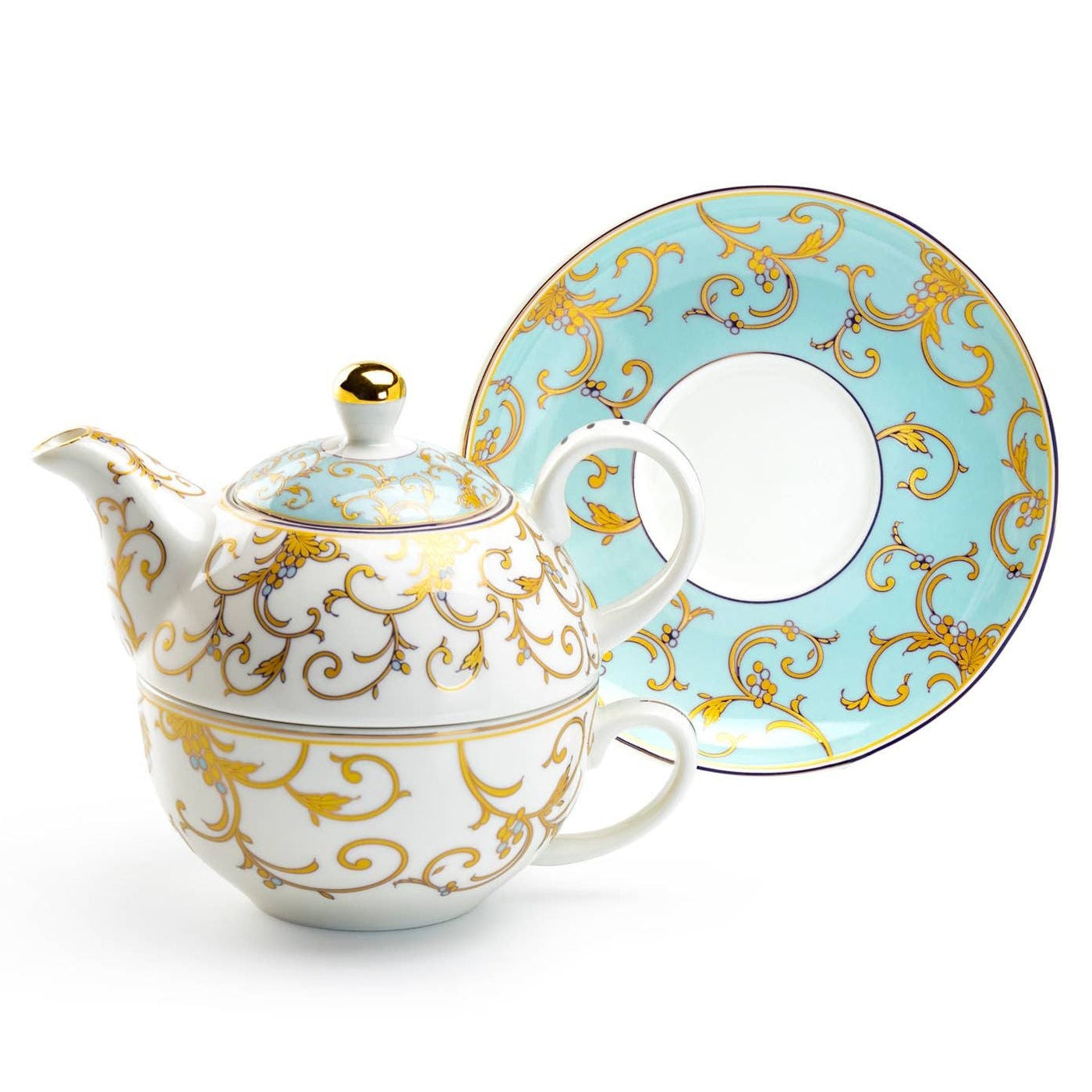 Tea set with teapot and cup featuring gold and blue design on a white background