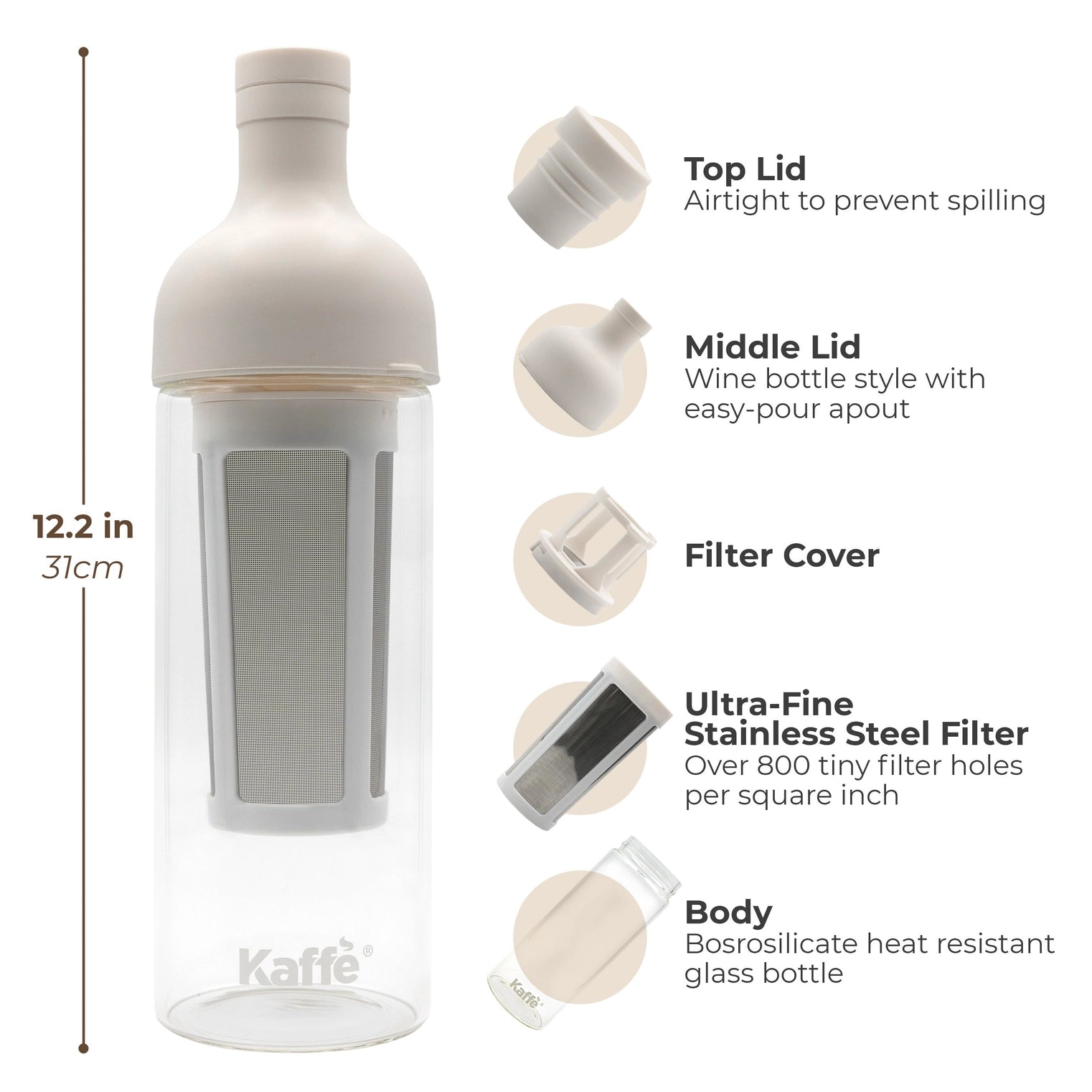 Tetera para preparar té en frío, vidrio/acero inoxidable, 68 oz