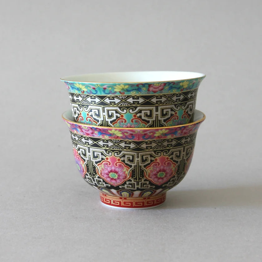 Taza de té, juego de 2/peces dorados pintados a mano