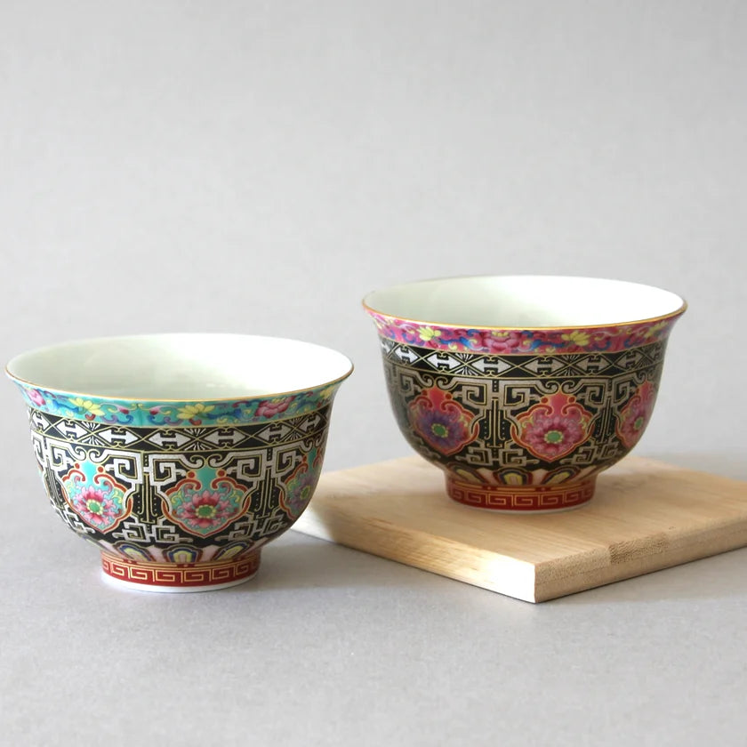 Taza de té, juego de 2/peces dorados pintados a mano