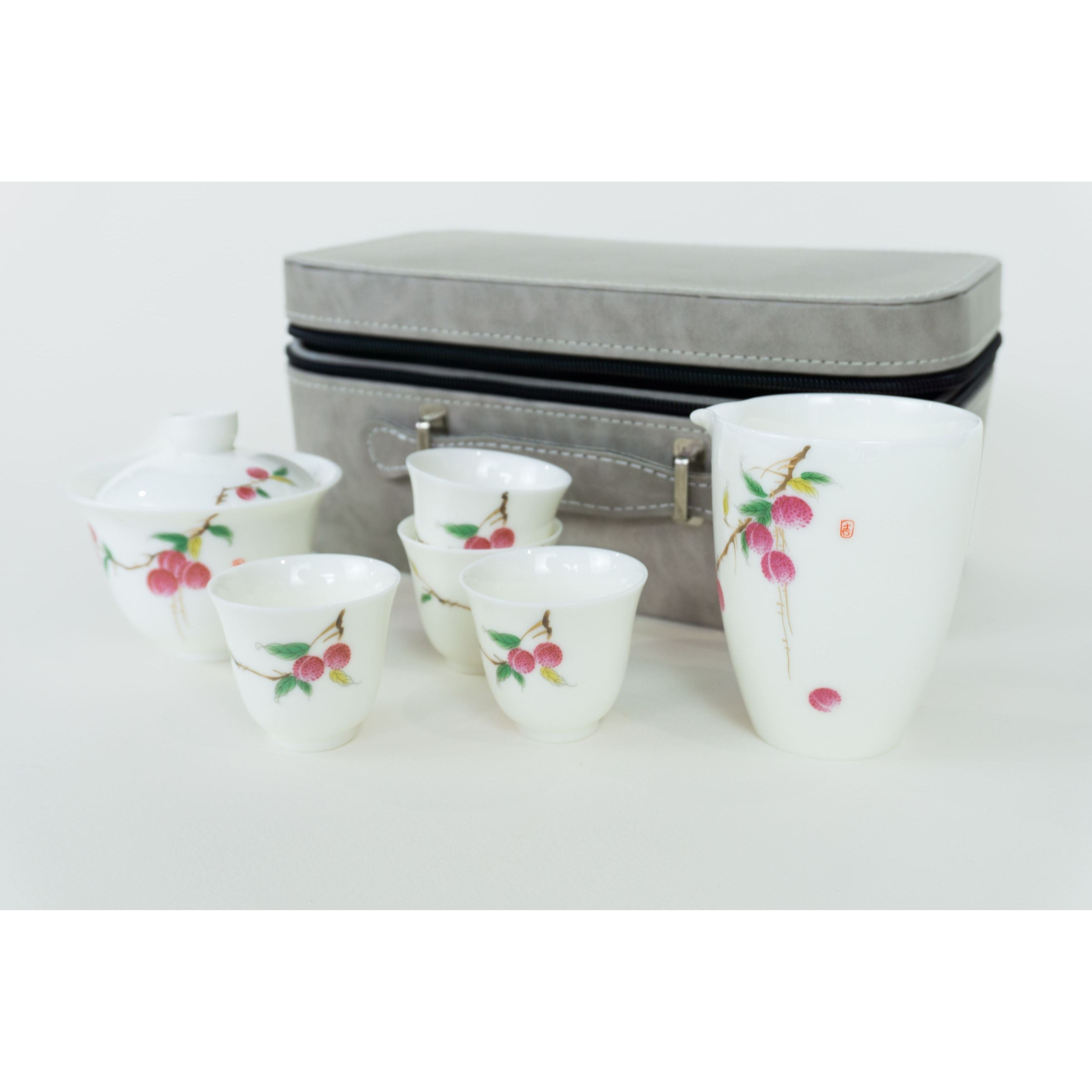 Tea Ceremony Set, Porcelain, Lychee Design, Carrying Case