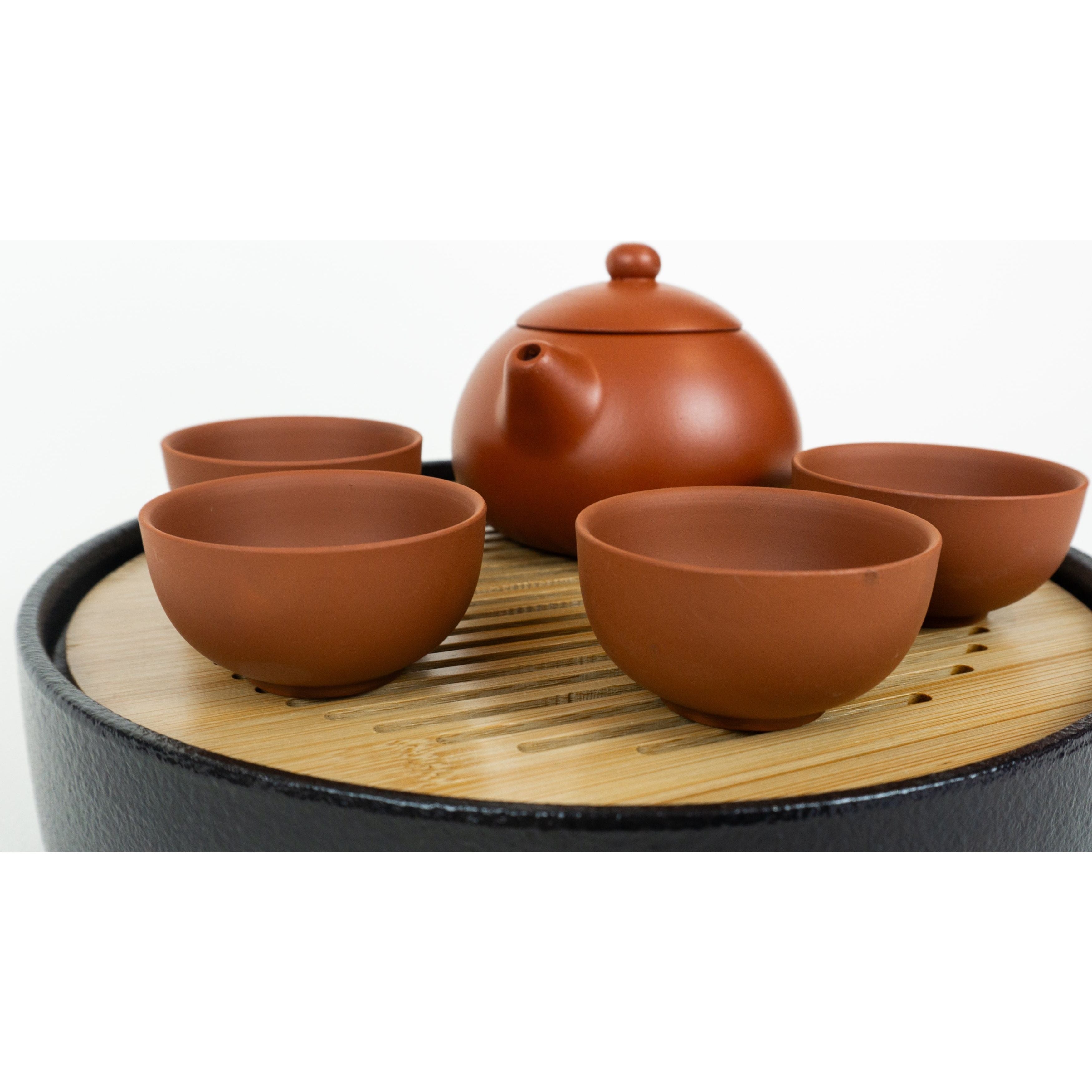 Ensemble de cérémonie du thé, couvercle de théière en forme de dôme brun rougeâtre Yixing, 4 tasses