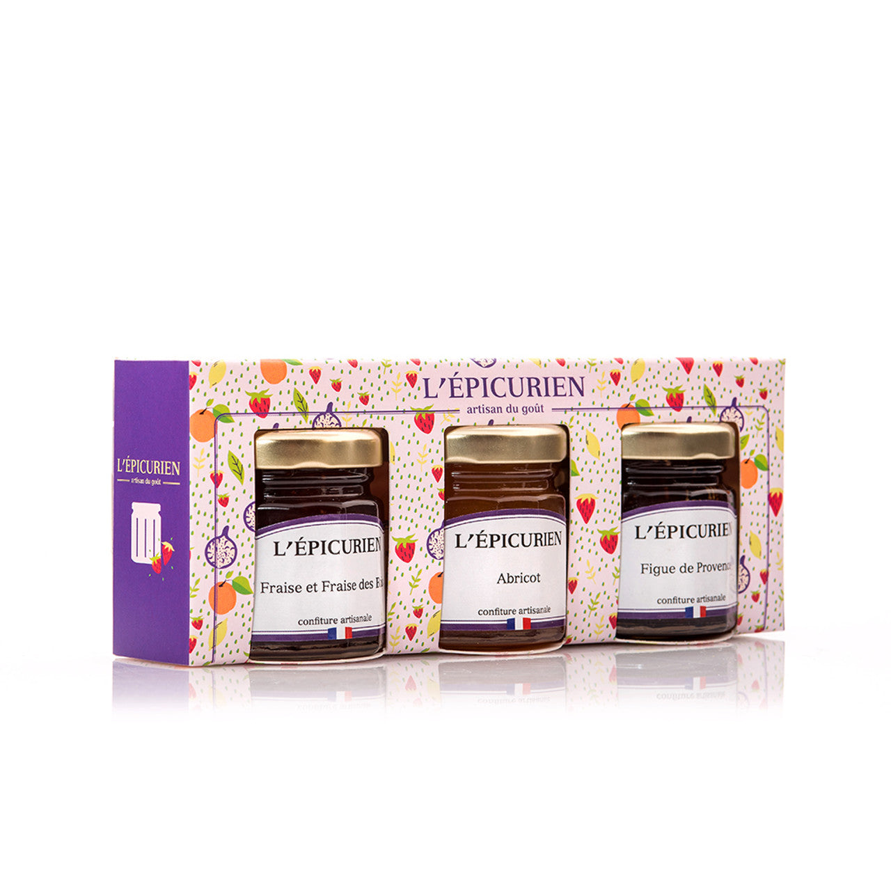 L'Epicurean jam 3 pack - strawberry, apricot and fig written in French