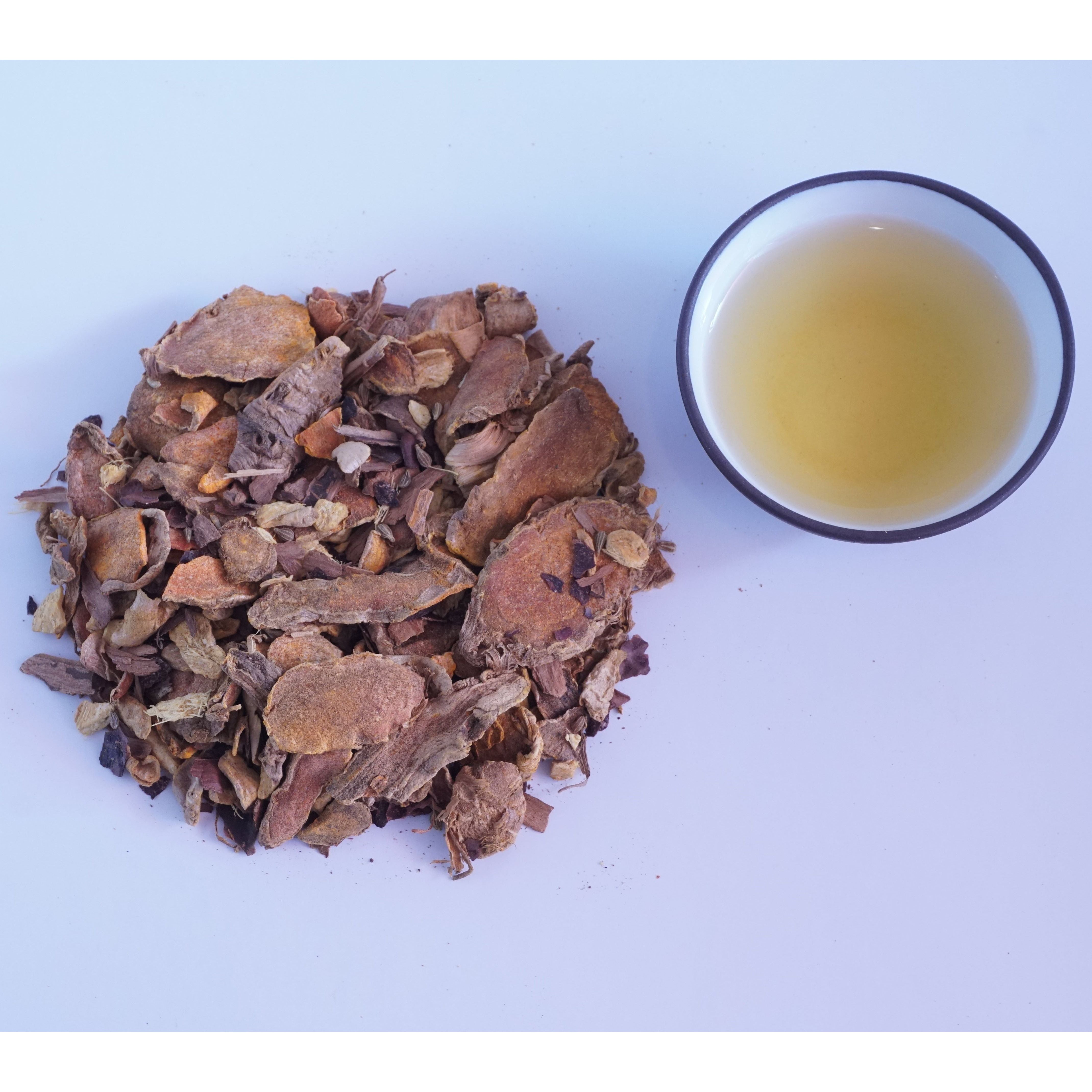 ginger, turmeric, cinnamon, and spices next to tea liquor that is pale yellow