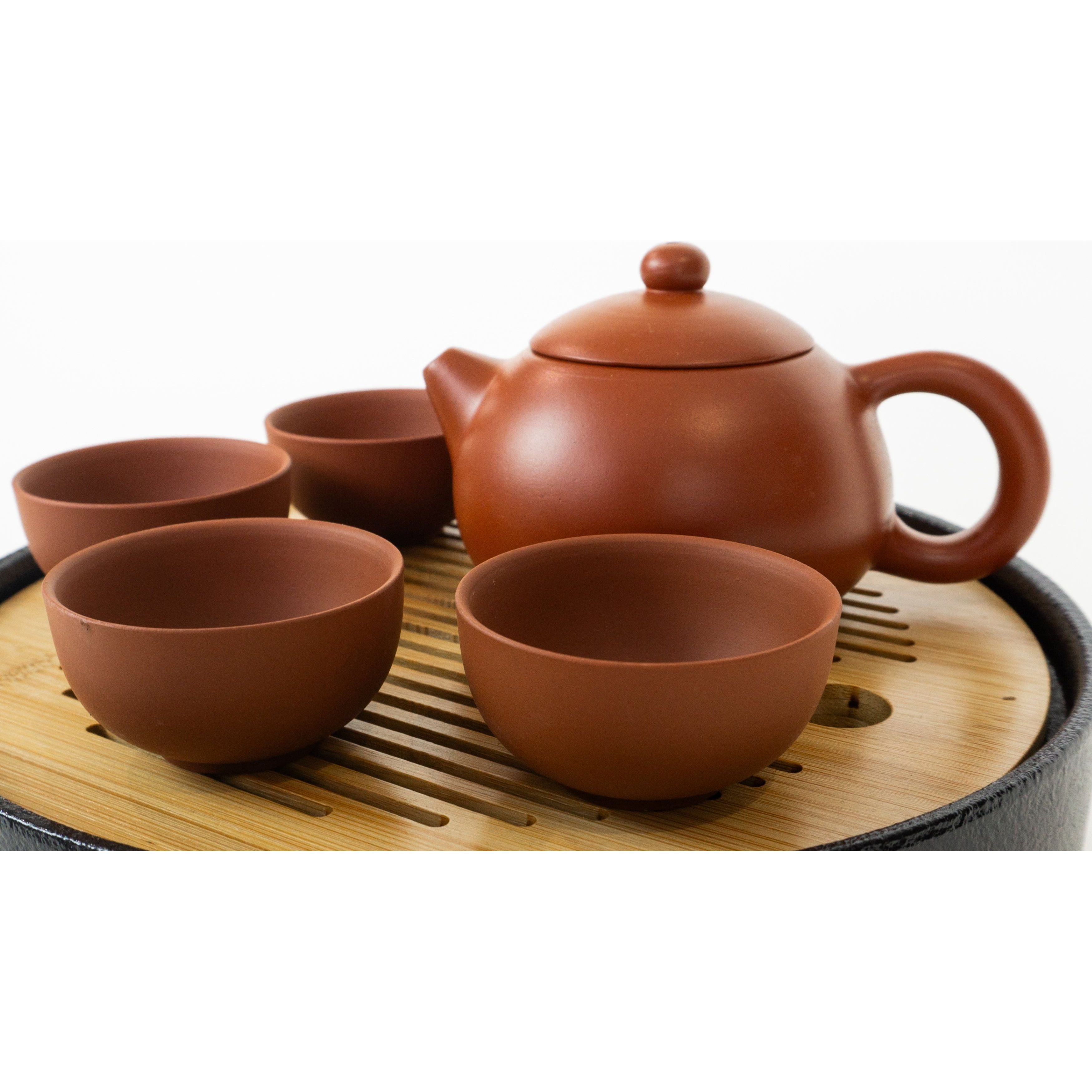 Ensemble de cérémonie du thé, couvercle de théière en forme de dôme brun rougeâtre Yixing, 4 tasses