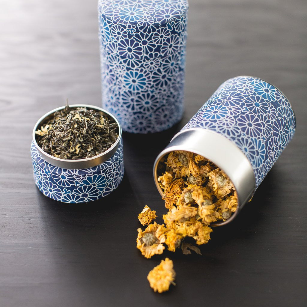 Lata para té, flores azules washi, 2 a 6 oz
