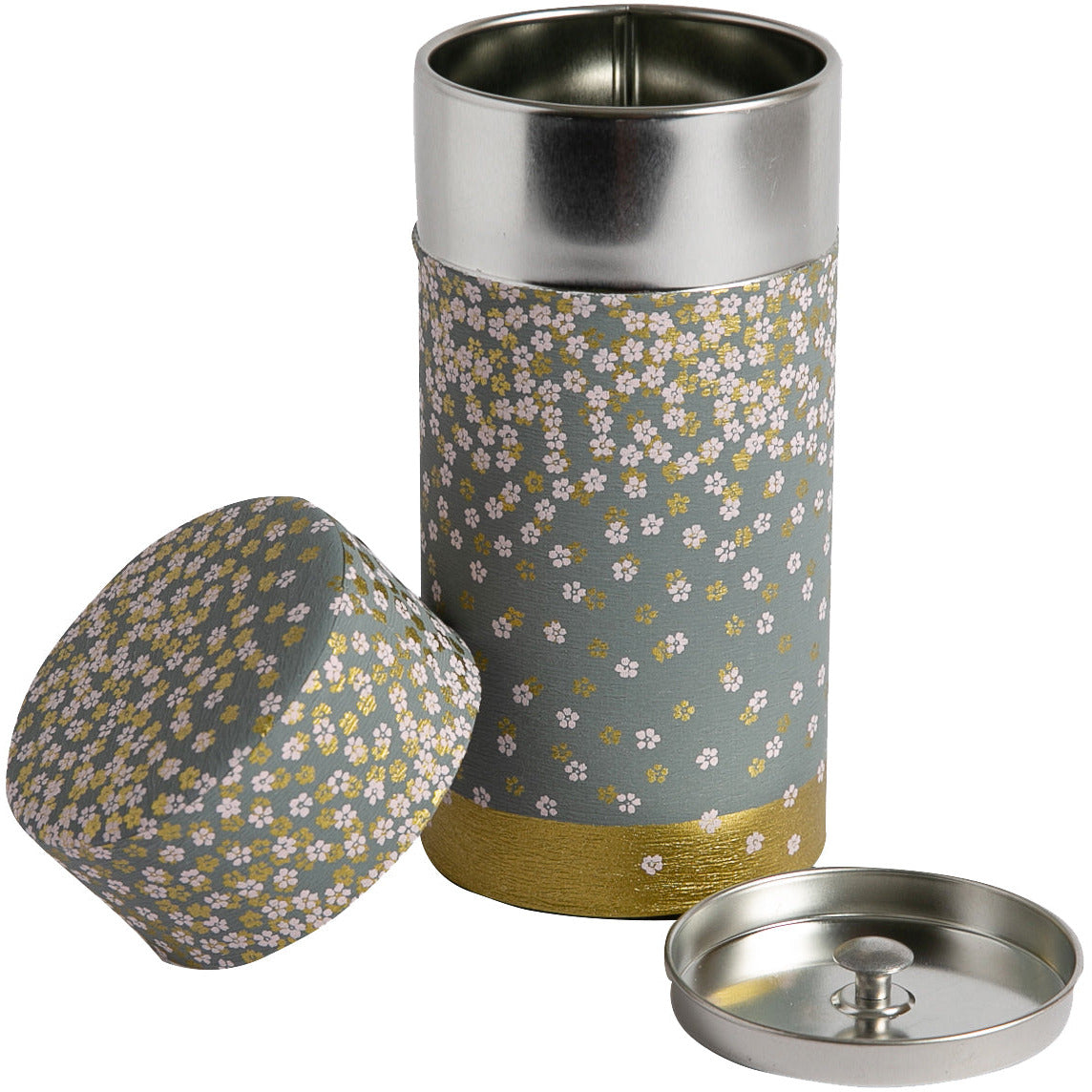 Boîte à thé, fleurs Washi gris/or, 2–6 oz